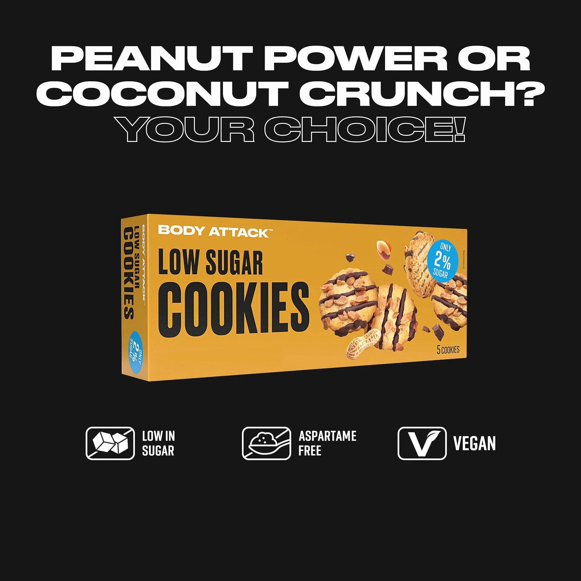 BODY ATTACK LOW SUGAR COOKIES - Czekoladowy chip, 130 g, pyszne odmiany z niewielką ilością cukru lub bez cukru, ciasteczka z białkiem, bogata w białko, przekąska o niskiej zawartości cukru, bez