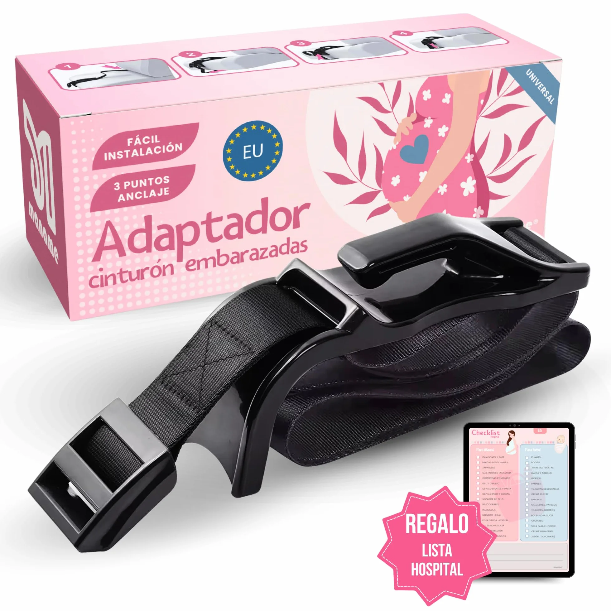 Maname® Pas ciążowy z homologacją samochodu ciężarnego. Adapter pasa ciążowego - Prezenty w ciąży - Pas w ciąży chroni Twoje dziecko w samochodzie przed wstrząsami, naciskiem i ryzykiem
