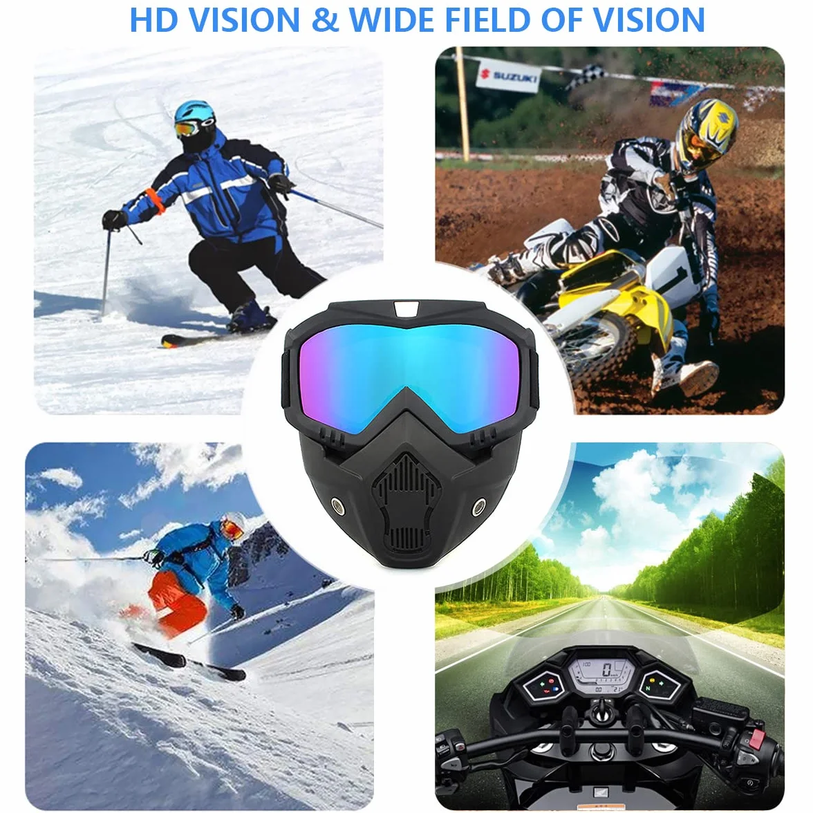 TAIZER Zdejmowane gogle motocyklowe, ochrona przed kurzem, motocross, wiatroszczelna maska na twarz, wiatroszczelna, odporna na zamglenie, jazda konna, rower dirtbike motocross