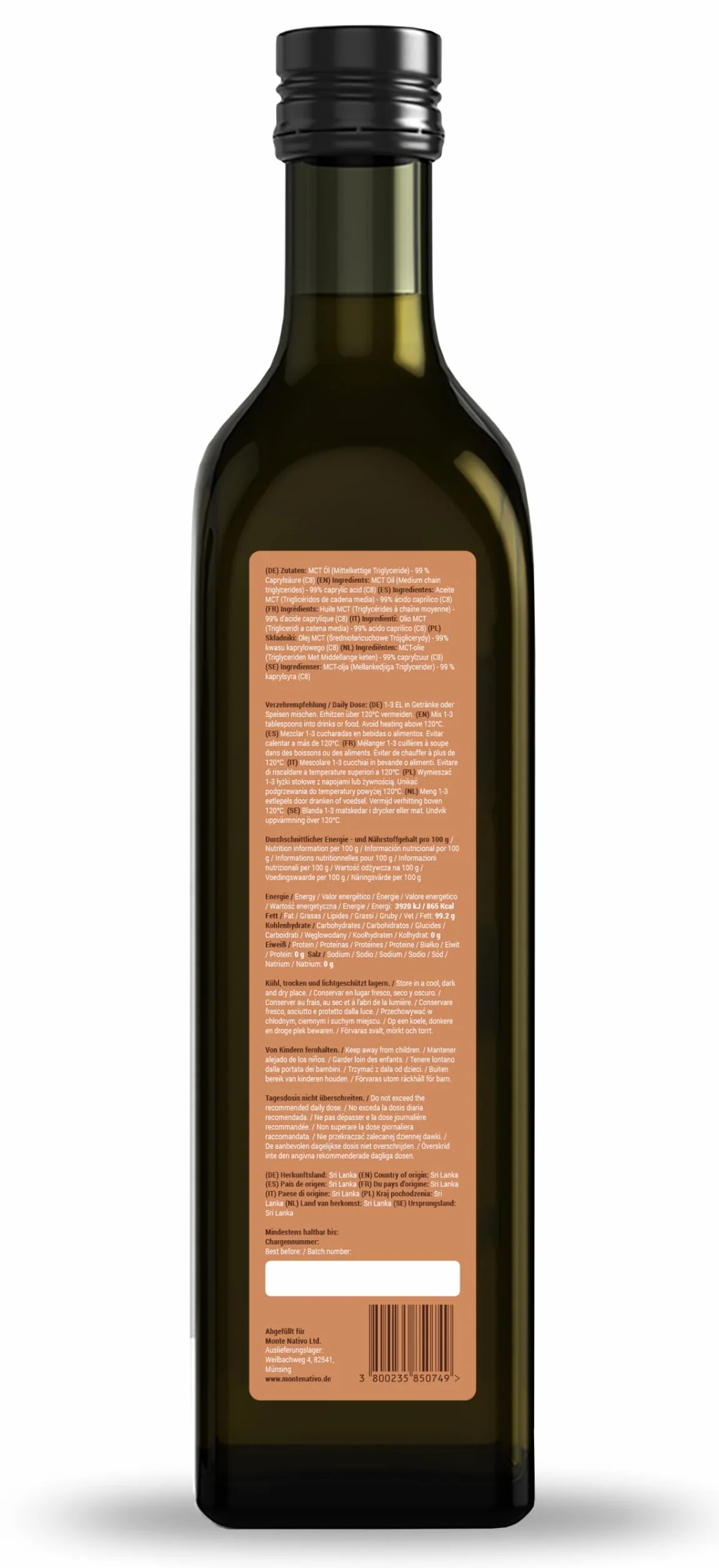 Olej MCT C8 Monte Nativo 500 ml - czysty olej kokosowy w płynie do diety keto i kawy Bulletproof