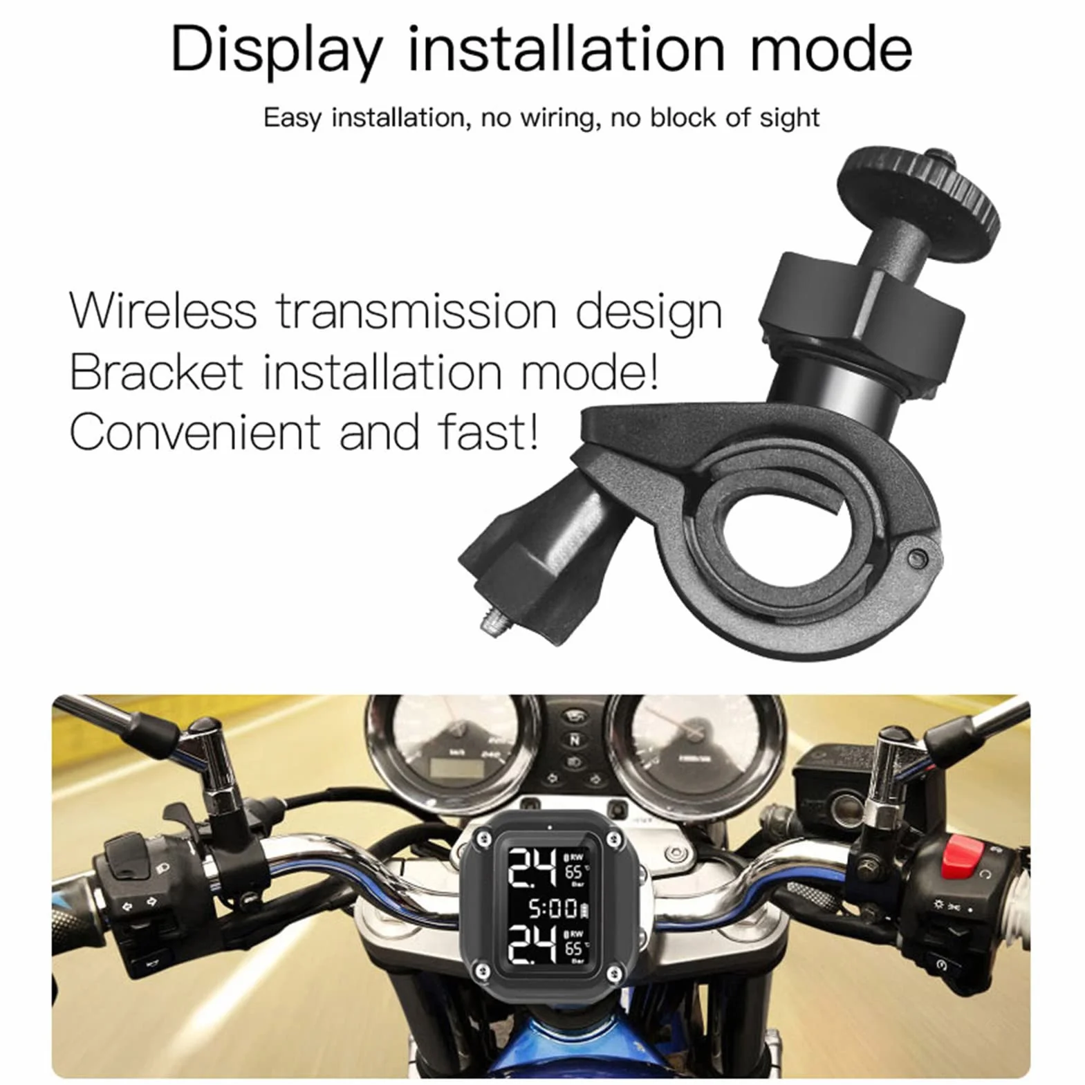 Shkalacar Manometr pneumatyczny TPMS do motocykli, bezprzewodowy miernik ciśnienia ładowania USB z 2 czujnikami zewnętrznymi cyfrowy wyświetlacz LCD do motocykla dwukołowego