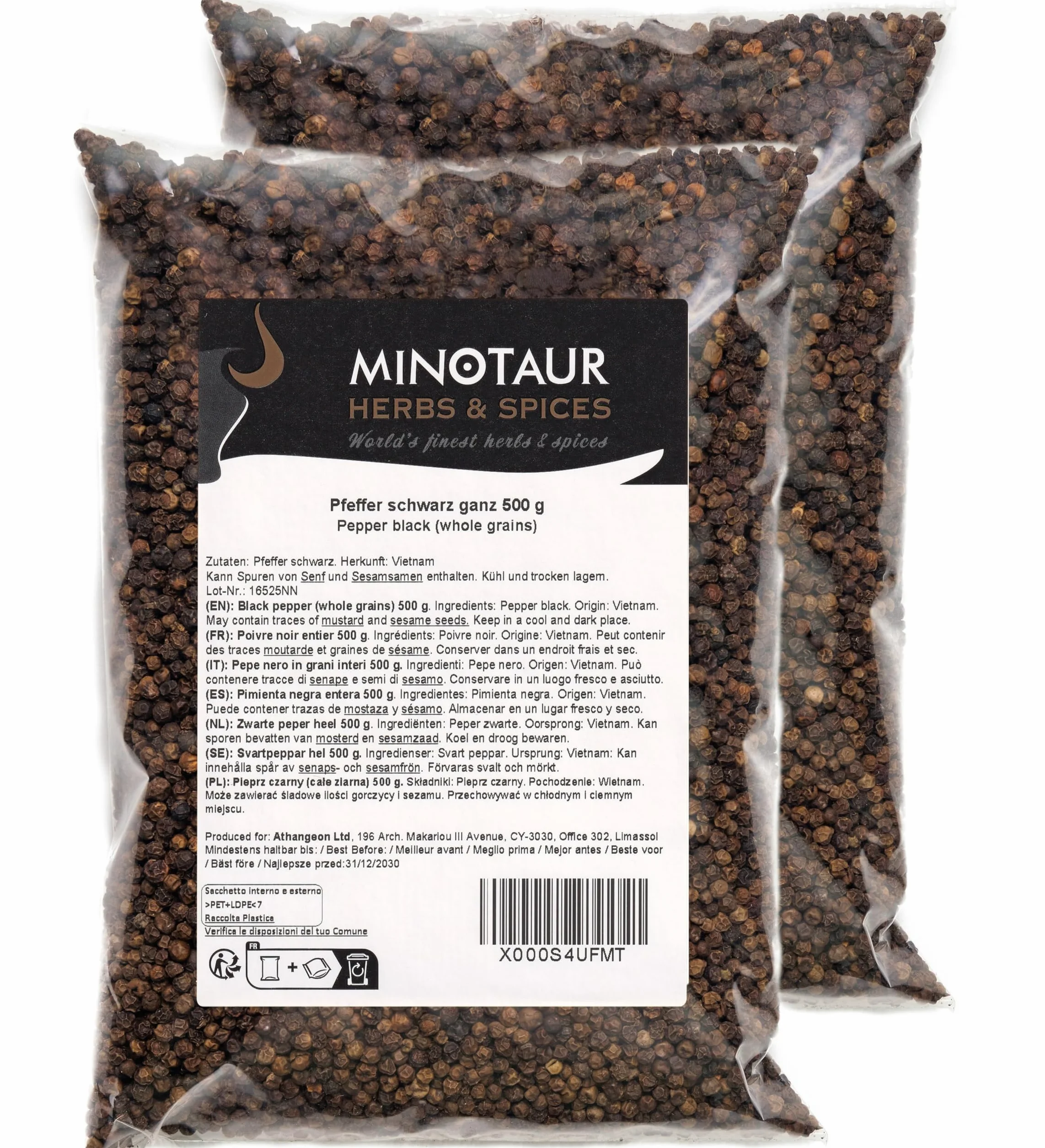 Minotaur Spices | Pieprz czarny, Pieprz ziarnisty cały, 2 X 500g (1 Kg)