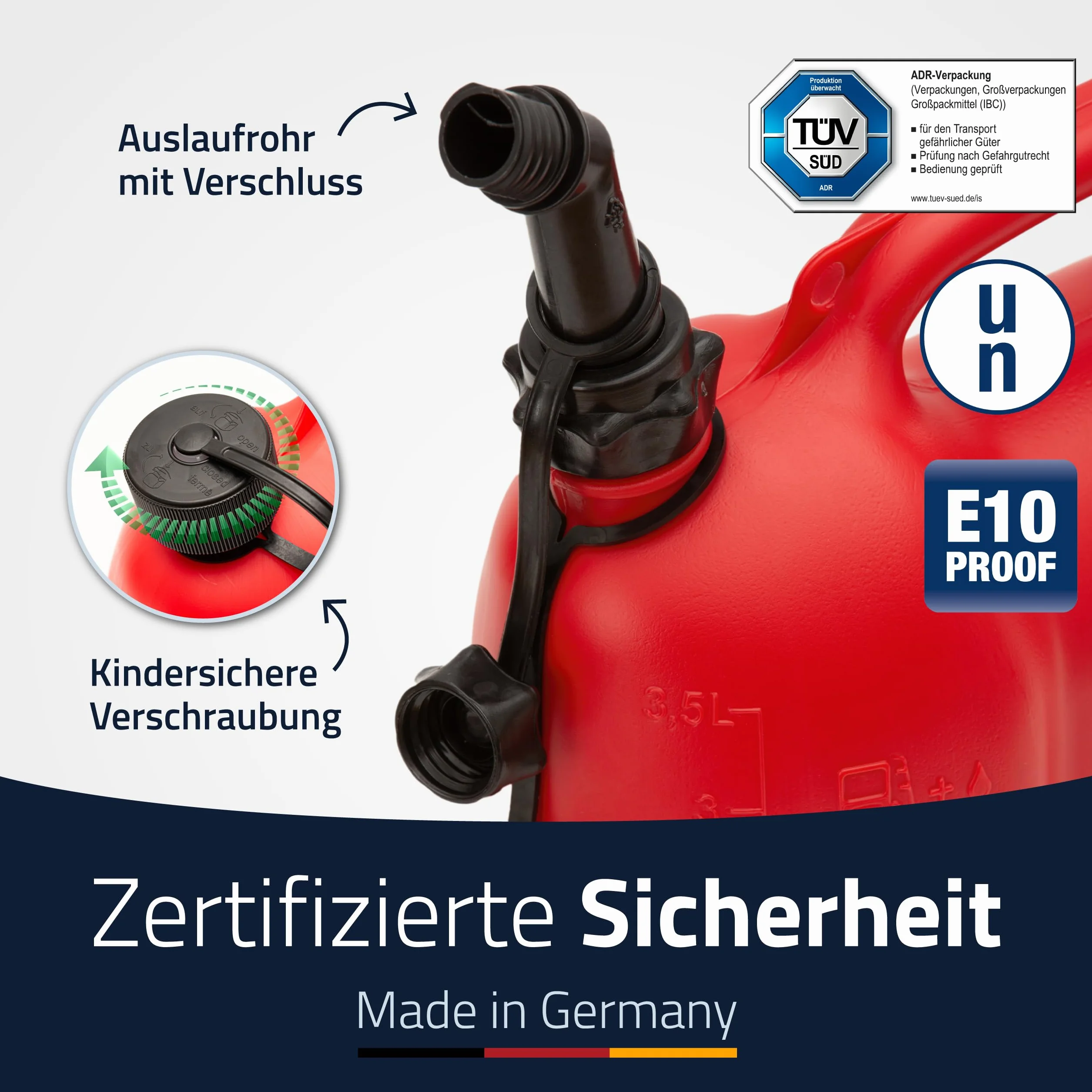 hünersdorff Profesjonalny podwójny kanister na paliwo i olej, z zabezpieczeniem przed dziećmi i rurą odpływową, 3 + 1,5 l, czerwony, dopuszczony ONZ, Made in Germany