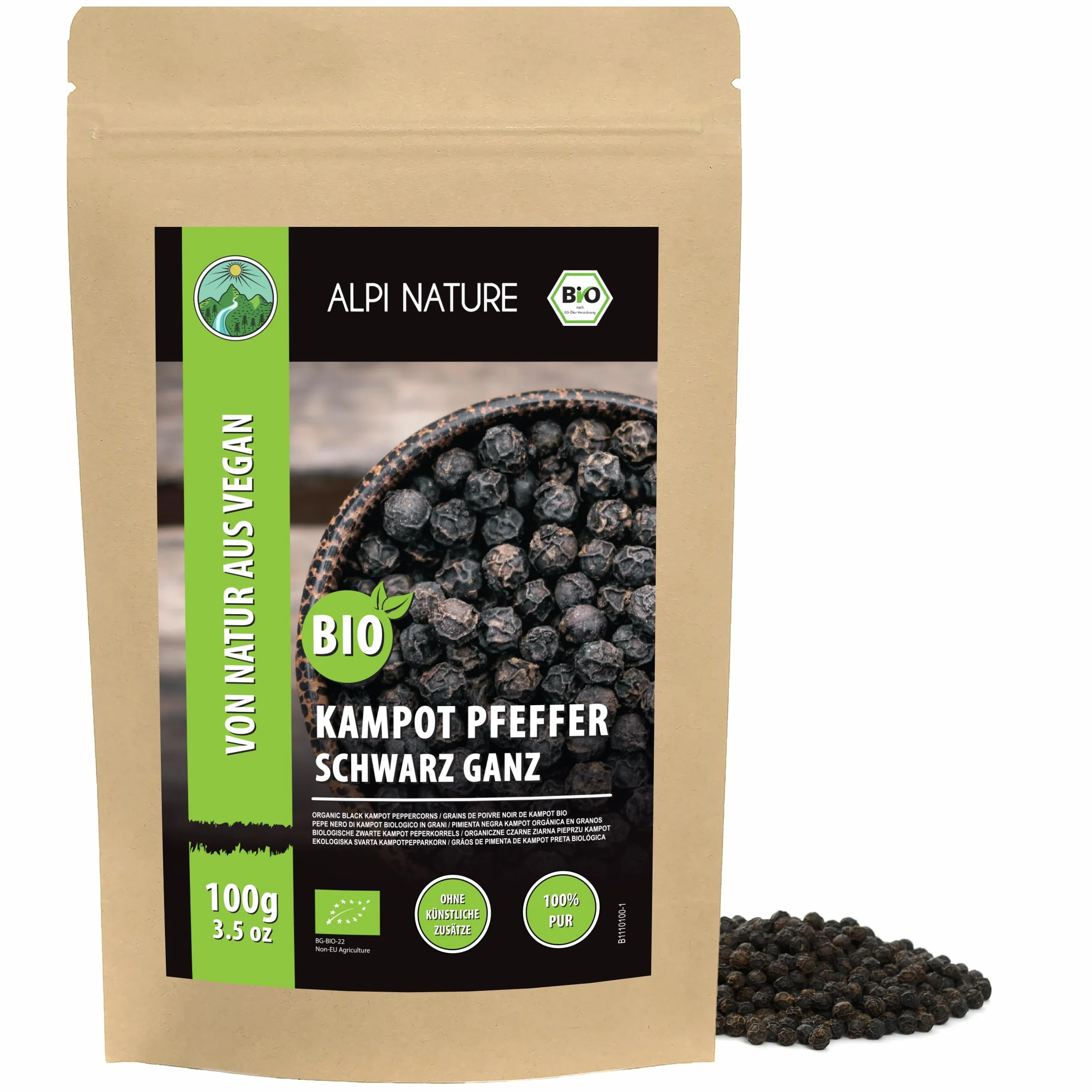 Alpi Nature Ekologiczny Pieprz Kampot Czarny 100g, Całe Ziarna Pieprzu, Czarne Ziarna Pieprzu Kampot