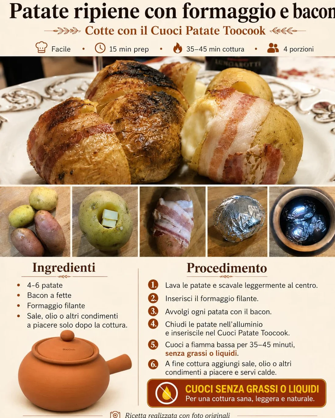 Gotuj ziemniaki i kasztany w prosty, naturalny sposób, bez tłuszczu, o wyjątkowym smaku, bez zmiany właściwości żywności. Wyprodukowano we Włoszech 100% (naturalny)