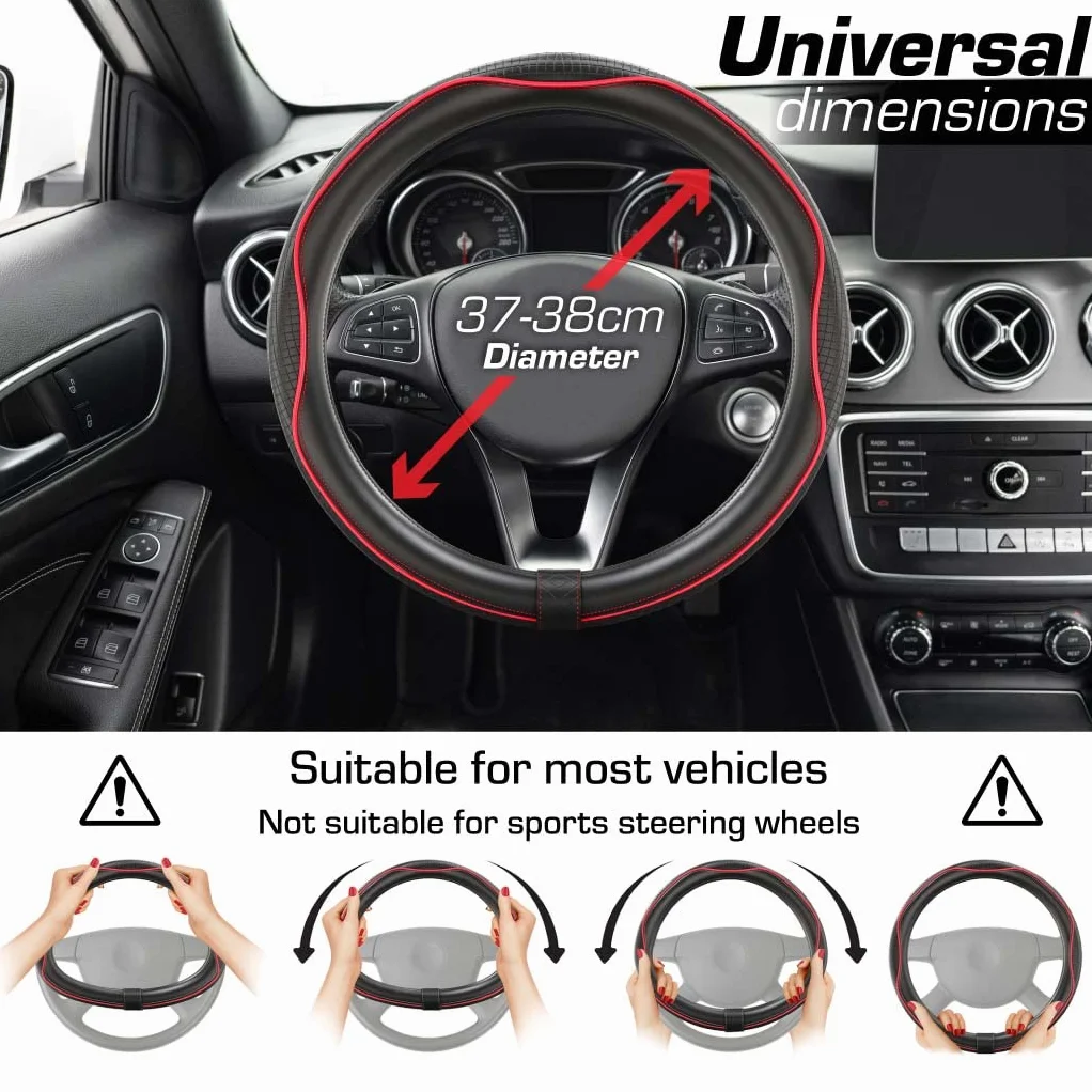 Upgrade4cars Czerwono-Czarny Pokrowiec na Kierownicę Imitacja Skóry | Uniwersalna Nakładka na Kierownicę 37-38 cm na Lato i Zimę | Akcesoria Samochodowe | Prezent dla Niej i Niego