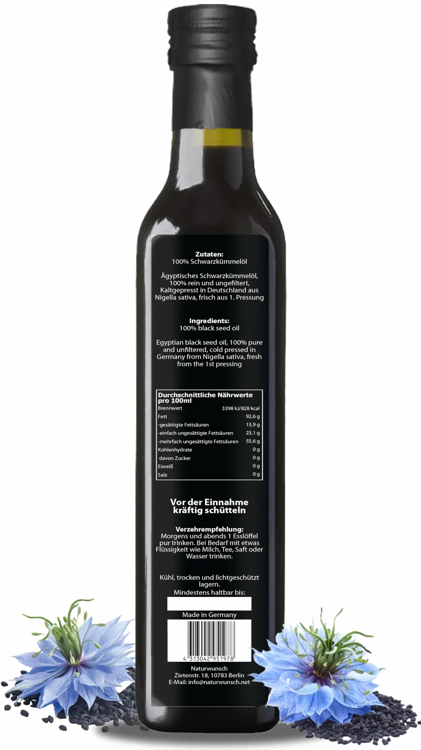 naturwunsch Olej z czarnuszki 500 ml, niefiltrowany, tłoczony na zimno, świeżo wyprodukowany w Niemczech – oryginalny Nigella Sativa
