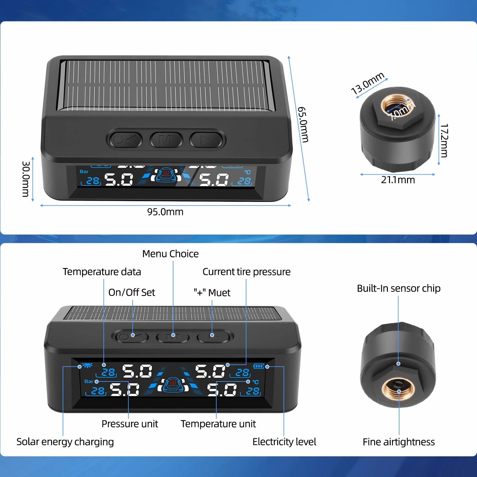 TPMS system monitorowania ciśnienia w oponach, ładowanie energią słoneczną/USB, alarmy w kabinie, alarmy temperatury, do kampera, sedana, SUV, MPV, przyczepy, motocykla itp., 4 czujniki