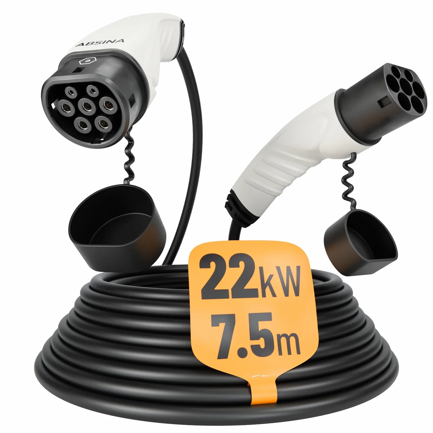ABSINA Kabel do ładowania typu 2 22 kW i 32 A do samochodów hybrydowych i elektrycznych – 7,5 m kabel do ładowania typu 2 3-fazowy – tryb 3 kabel do ładowania – kompatybilny z modelem 3, e-Up, ID.3,