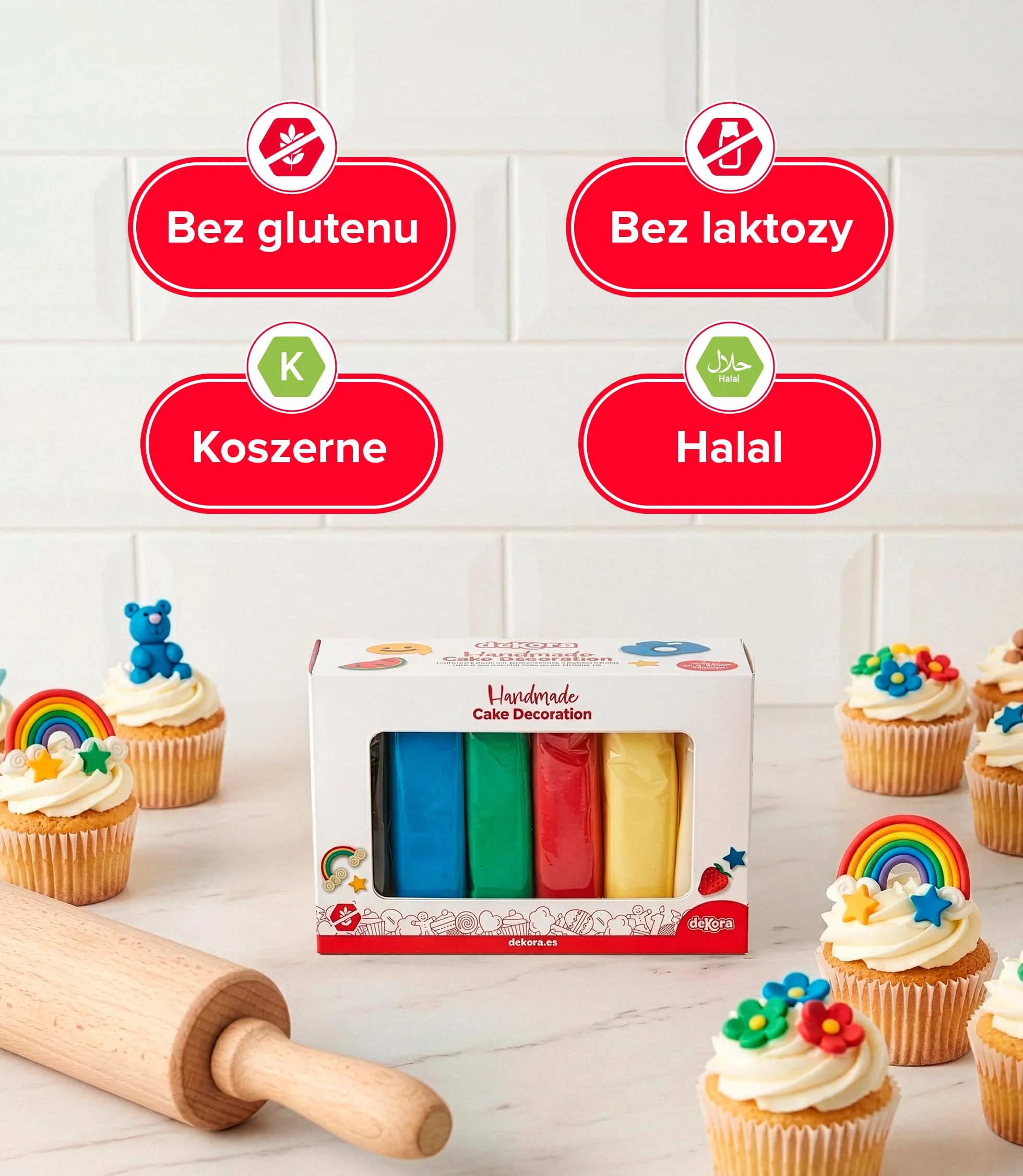dekora – Masa cukrowa kolorowa Zestaw 6 kolorów - Fondant do tortów, elastyczna i łatwa w użyciu - Bez glutenu, Halal, Koszerna 600 g