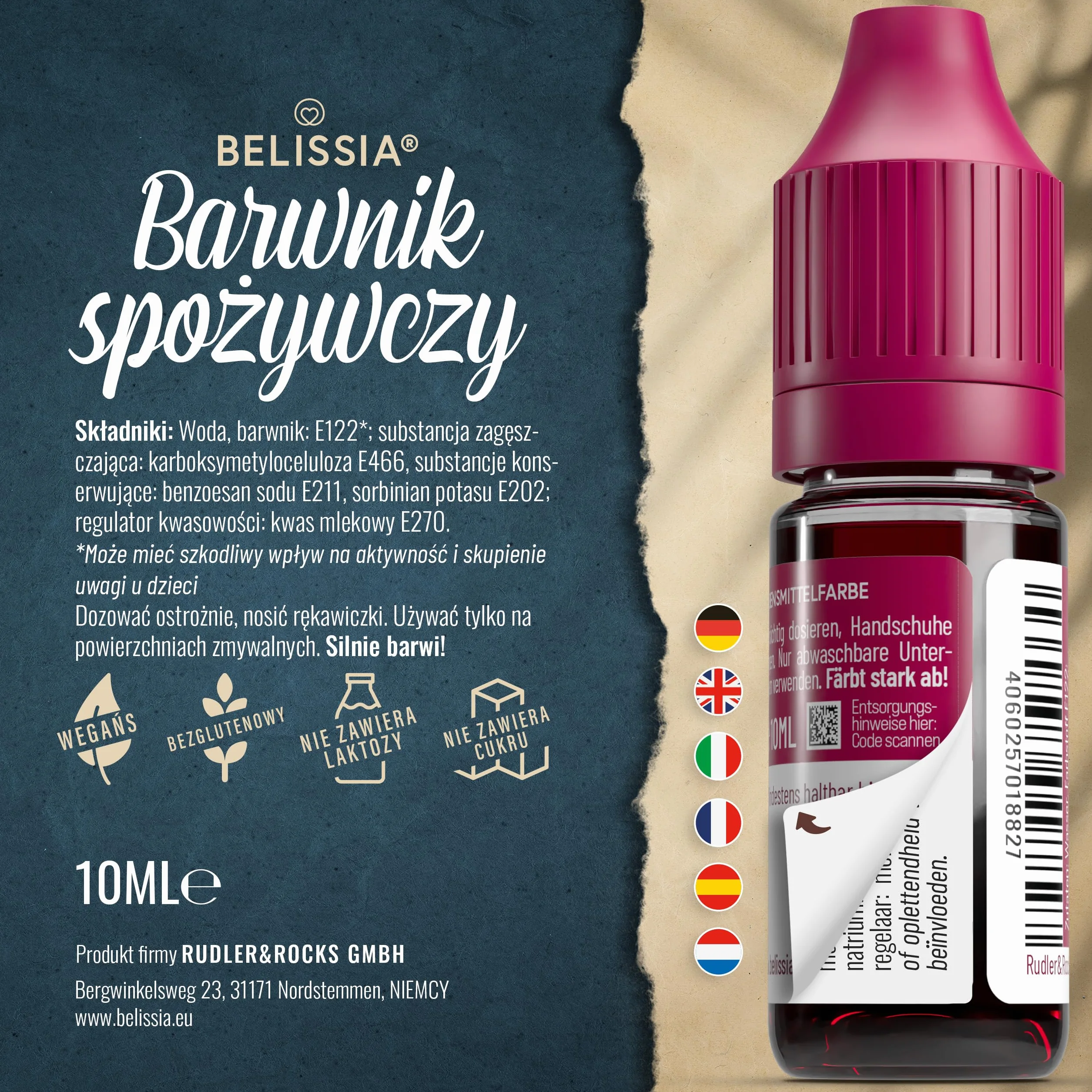 Belissia Barwnik Spożywczy Azorubina 10ml, niezwykle skoncentrowany, płynny do barwienia napojów, ciasta, polew i wszystkich innych produktów spożywczych.