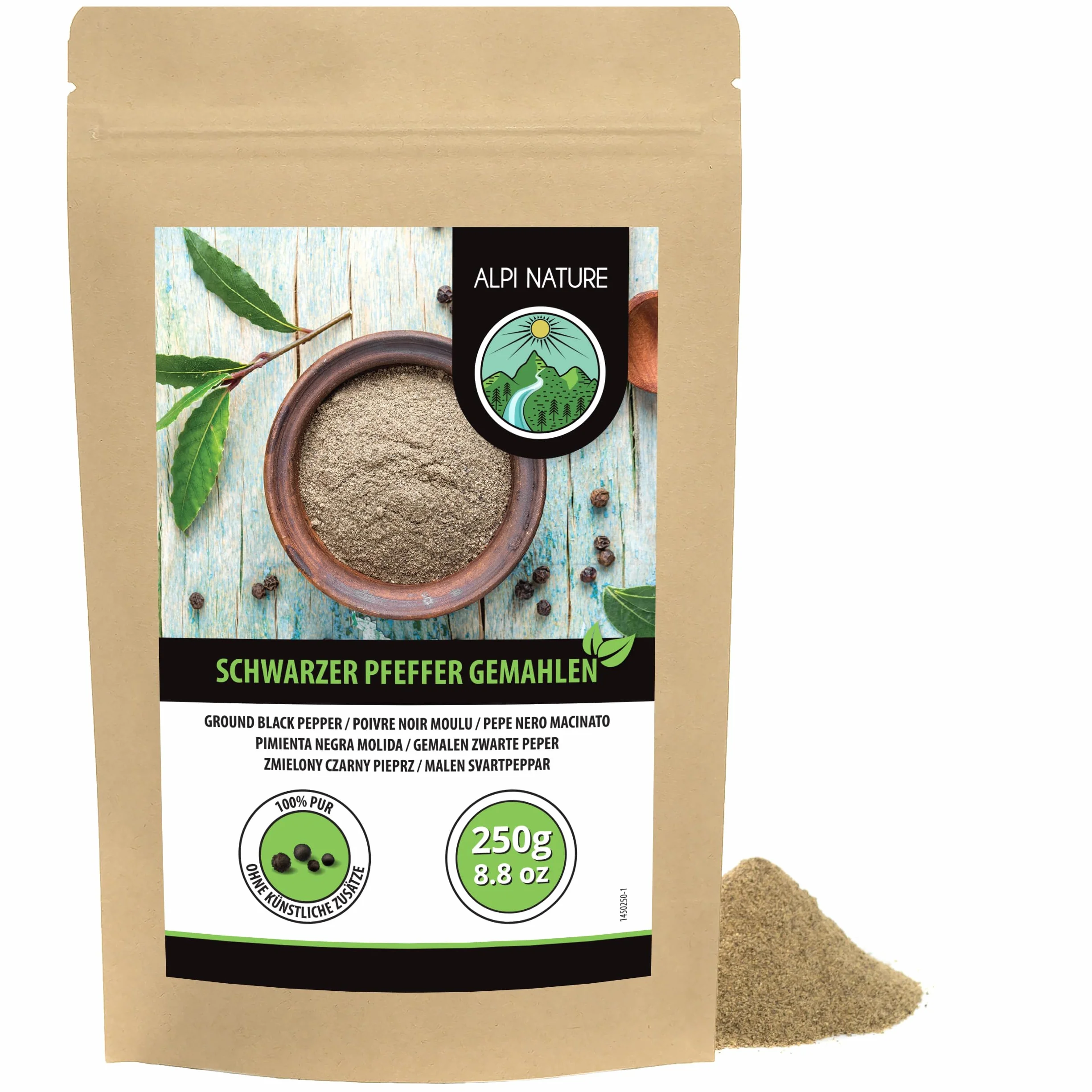 Alpi Nature Mielony Czarny Pieprz 250g, Mielone Ziarna Pieprzu, Proszek z Czarnego Pieprzu do Gotowania