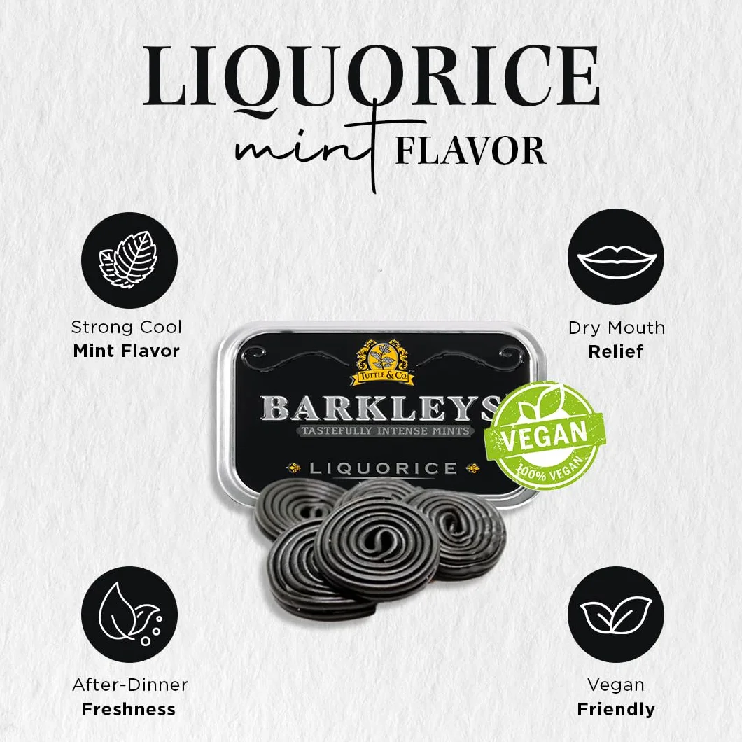 Barkleys Lukrecja Breath Mints - mocna lukrecja smakowe fajne cukierki miętowe na imprezę, po kolacji, ślub, do codziennego użytku - wegańskie miętówki w klasycznych puszkach podróżnych wielokrotnego