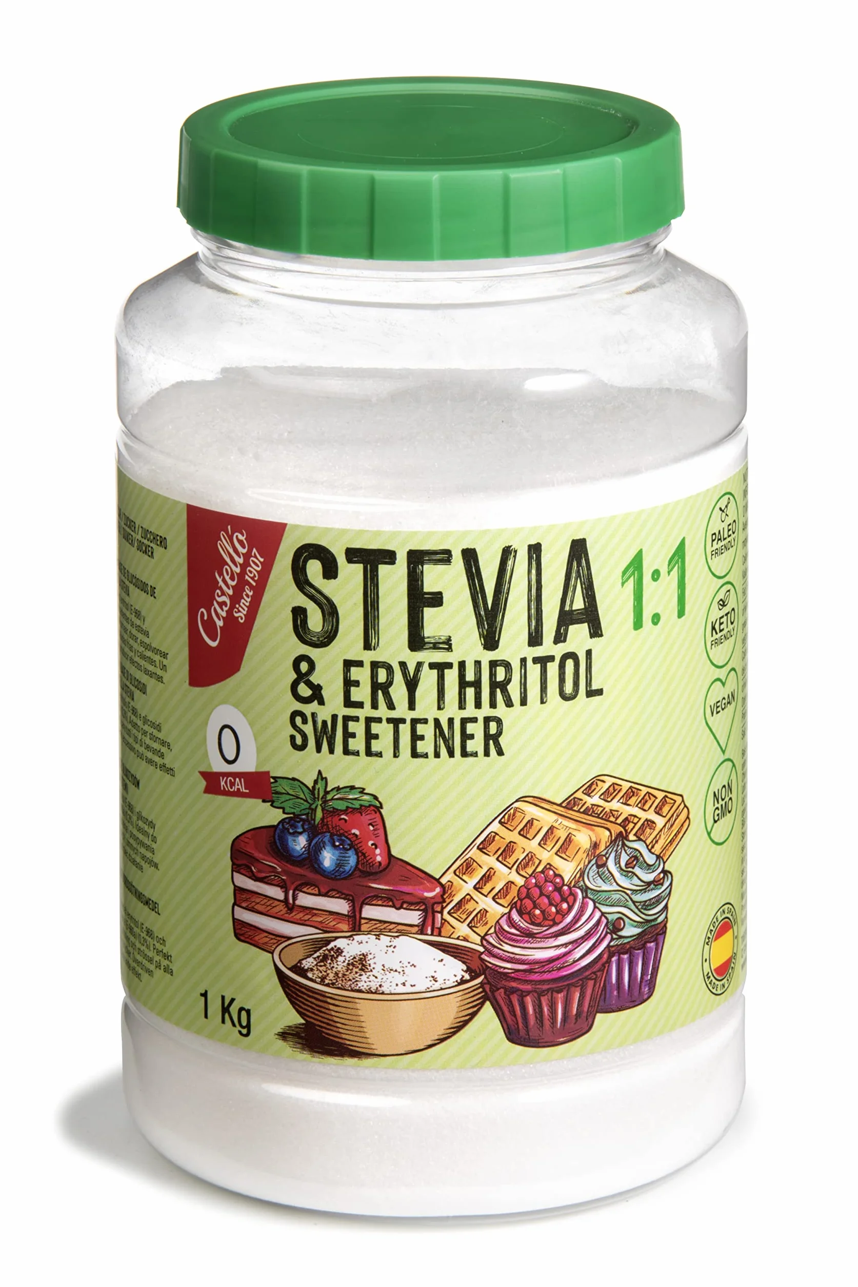 Słodzik Stevia + Erytrytol 1:1 | 1g = 1g cukru | Słodzik o 100% naturalnym smaku - 0 Kalorii - 0 Indeks Glikemiczny - Keto i Paleo - 0 Węglowodanów Netto - Bez GMO - Castello since 1907-1 kg