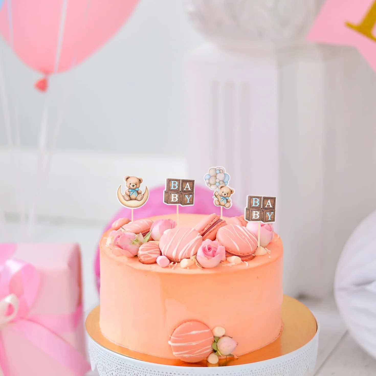 Ozdoby na babeczki z niedźwiedziem, baby shower, babeczka, miś, motyw baby shower, dekoracje na tort, dla dzieci, chłopców, dziewcząt, urodziny, przyjęcie, ciasto, dekoracje, materiały