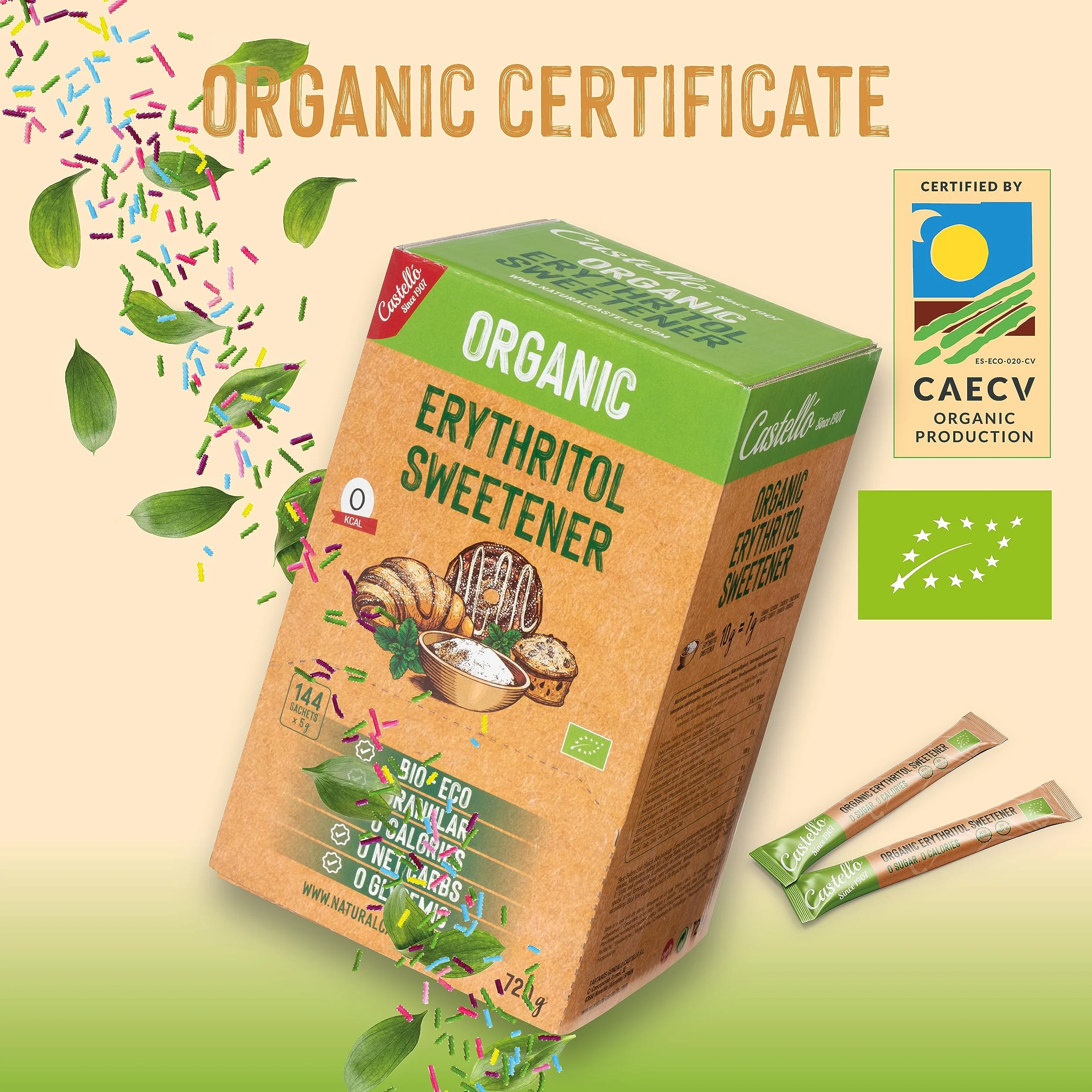Castello Słodzik z erytrytol Bio Organiczny 720g 144 saszetki 5g