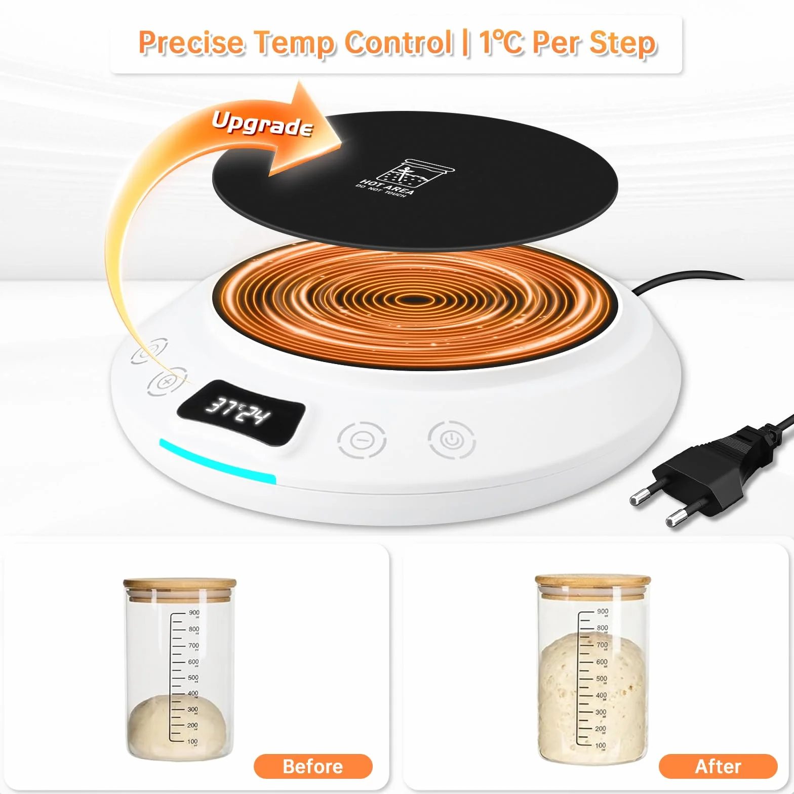 Podgrzewacz do zakwasu, płyta grzewcza z precyzyjnym termostatem 1℃ (18-43℃), timer 24 h i funkcja pamięci, automatyczne włączanie/wyłączanie ogrzewania, idealne do pieczenia chleba i fermentacji