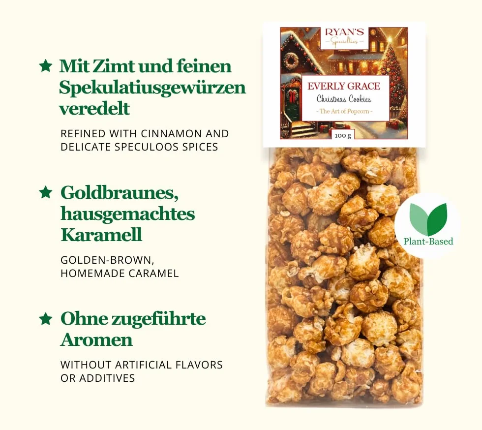 Everly Grace Popcorn Winter Bundle – Christmas Cookie, Bavarian Almond Symphony, Magical Chocolate Mint, po 100 g torebki popcornu z naszej manufaktury w Augsburgu, Niemcy