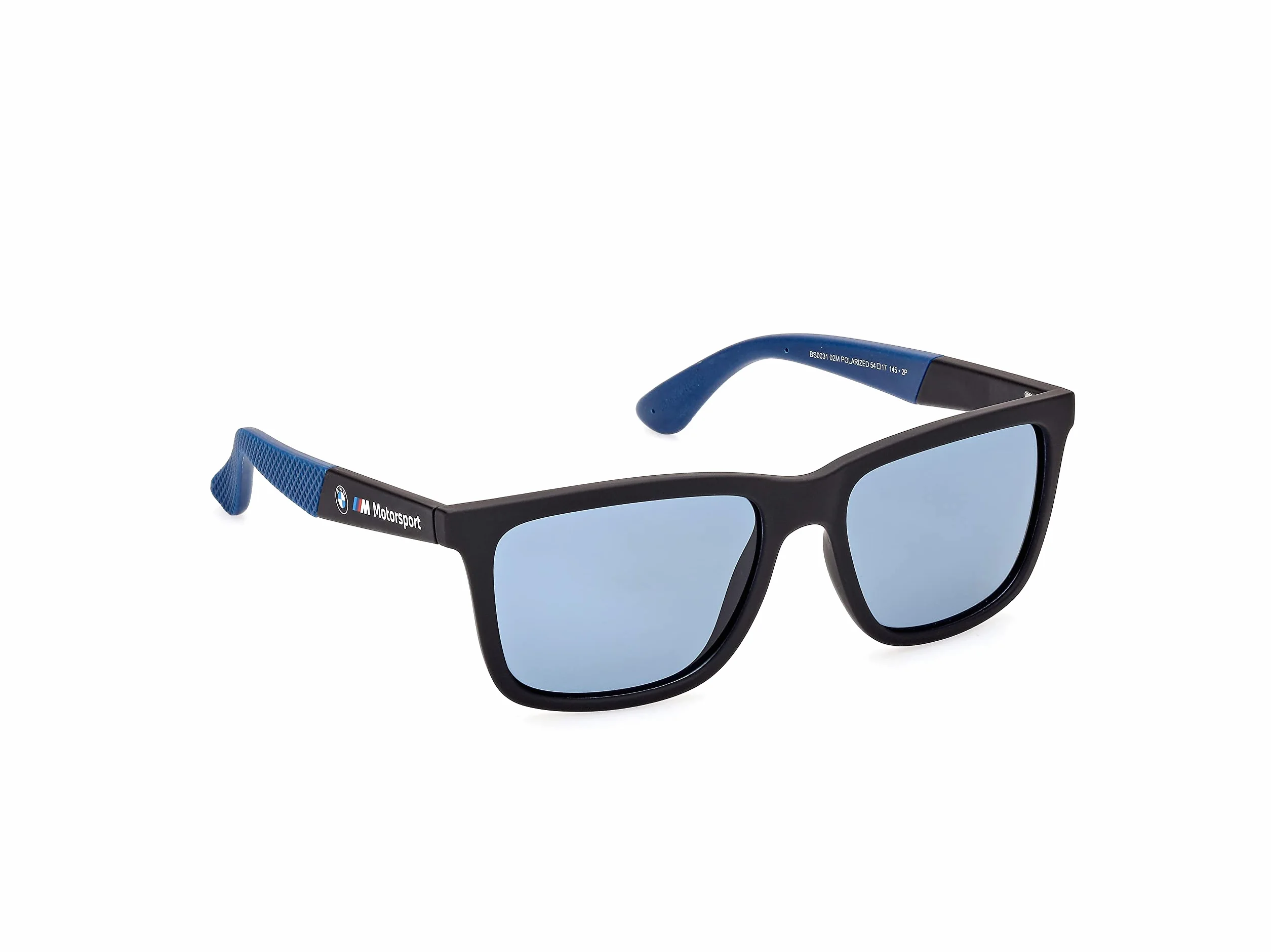 BWM M Motorsport BS0031 męskie okulary przeciwsłoneczne, lekkie okulary przeciwsłoneczne, prostokątne soczewki, niebieskie szkło polaryzacyjne, matowe czarne, czarny, 54