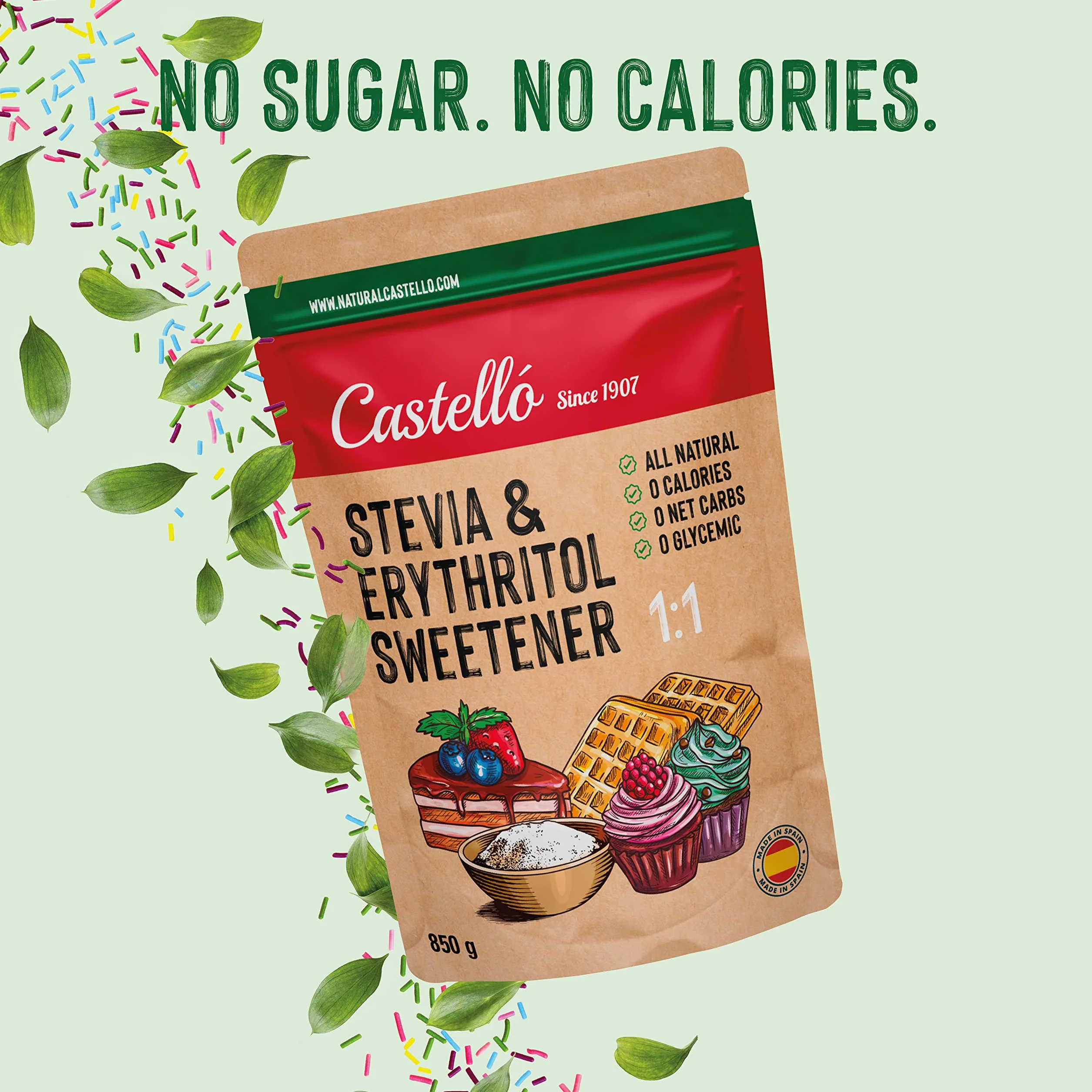 Castello Słodzik Stevia Erytrytol 1:1 850g Naturalny 0 Kalorii 0 Indeks Glikemiczny Keto Paleo Bez GMO