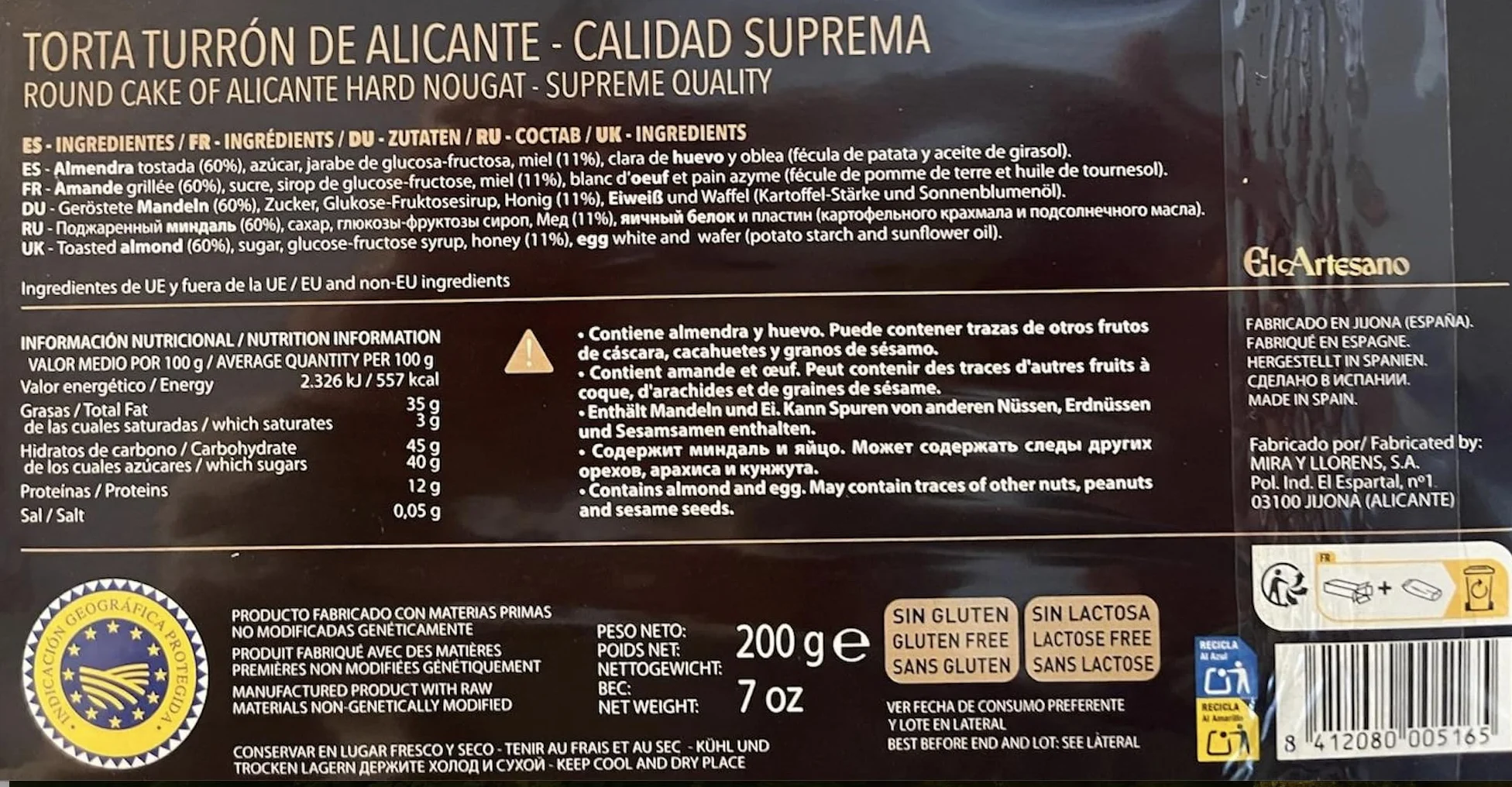 Turrón de Jijona Blando El Artesano - Jijona Soft Turron 250 g