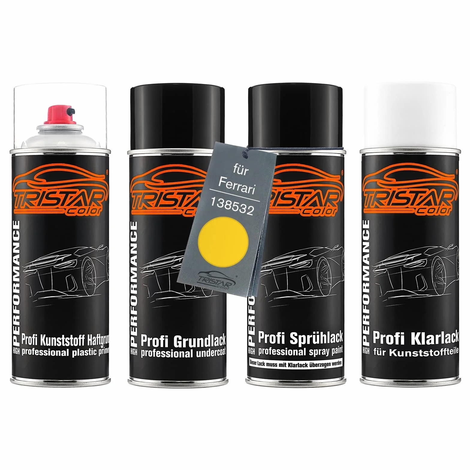 TRISTARcolor Zestaw w sprayu Lakier samochodowy do tworzywa sztucznego dla Ferrari 138532 Giallo Perl podkladu przyczepnego lakieru bazowego lakieru bezbarwnego z miekkim dodatkiem