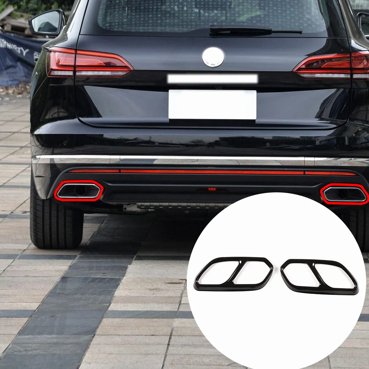 Pasuje do Volkswagen Touareg 2019 2020 2021, akcesoria, zewnętrzny, tylny tłumik, końcówka rury wydechowej, dekoracyjna osłona, 2 szt., osłona rury wydechowej (czarna)