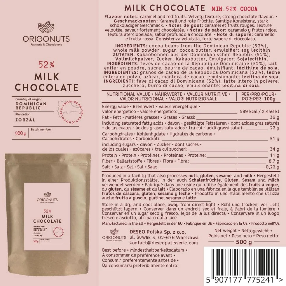 ORIGONUTS Czekolada do Topienia 52% Mlecznej z Dominikany 500g