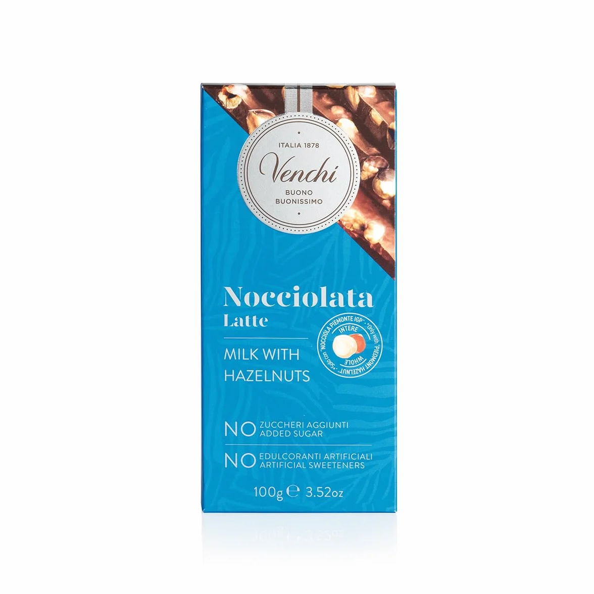 Venchi - Tabliczka Mlecznej Czekolady Nocciolata NO Added Sugar, NO Artificial Sweeteners, 100 g, z całymi „Orzechami Laskowymi z Piemontu ChOG”, Bezglutenowa, Bez Barwników i Konserwantów