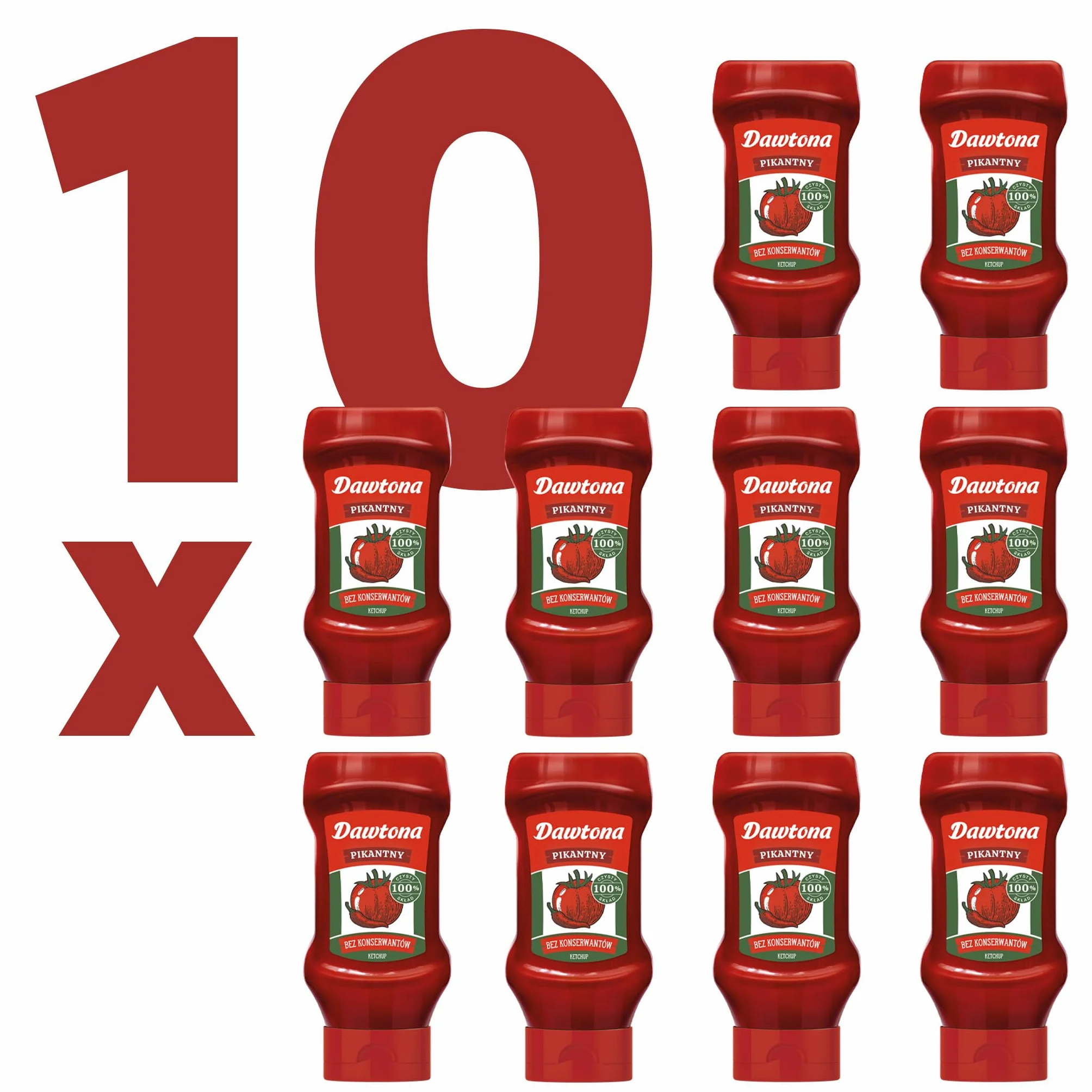 DAWTONA Ketchup Pikantny 10 x 450g, 100% Czysty Skład z Polskich Pomidorów, Bez Konserwantów i Bez Skrobi, Naturalnie Gęsty - Wyrazisty Smak Idealny do Pizzy, Mięs, Burgerów i Zapiekanek