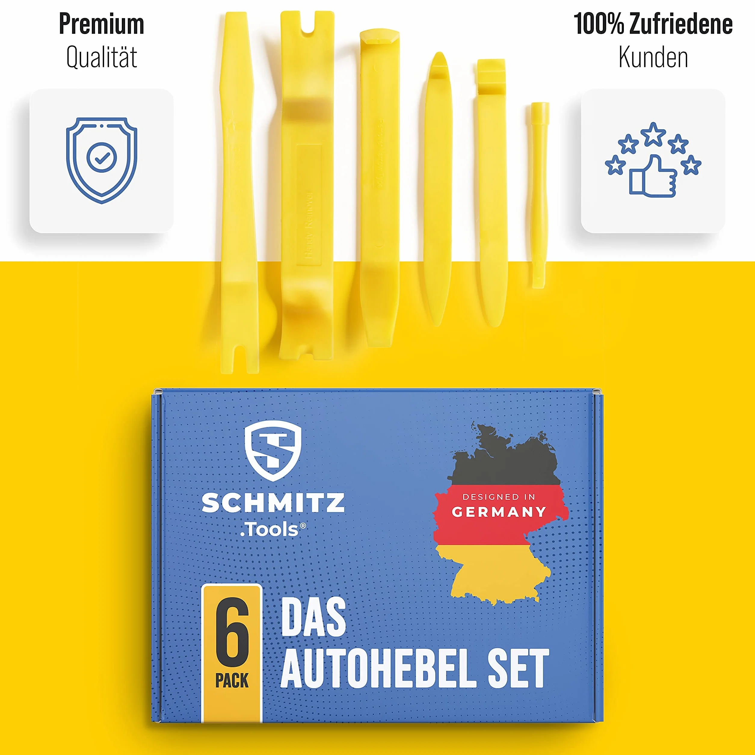 SCHMITZ.Tools Zestaw narzędzi do demontażu listew ozdobnych + narzędzie dźwigniowe (6 części), narzędzia do demontażu samochodu, do okładzin drzwi, plastikowe kliny, narzędzia do okładzin