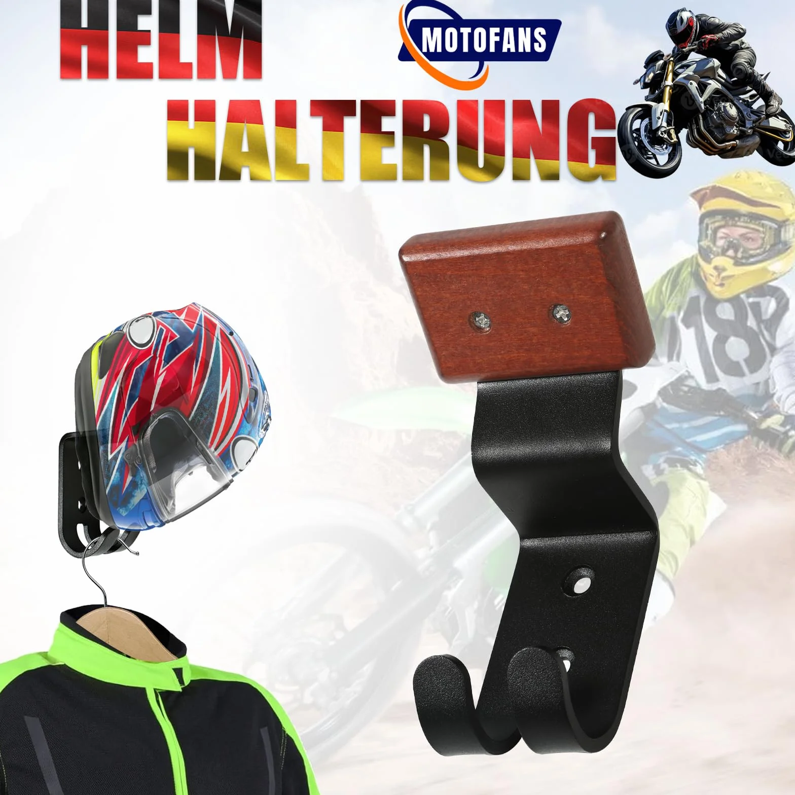 Uchwyt na kask motocyklowy, półka z haczykami do zawieszenia kasku motocyklowego i kurtki motocyklowej