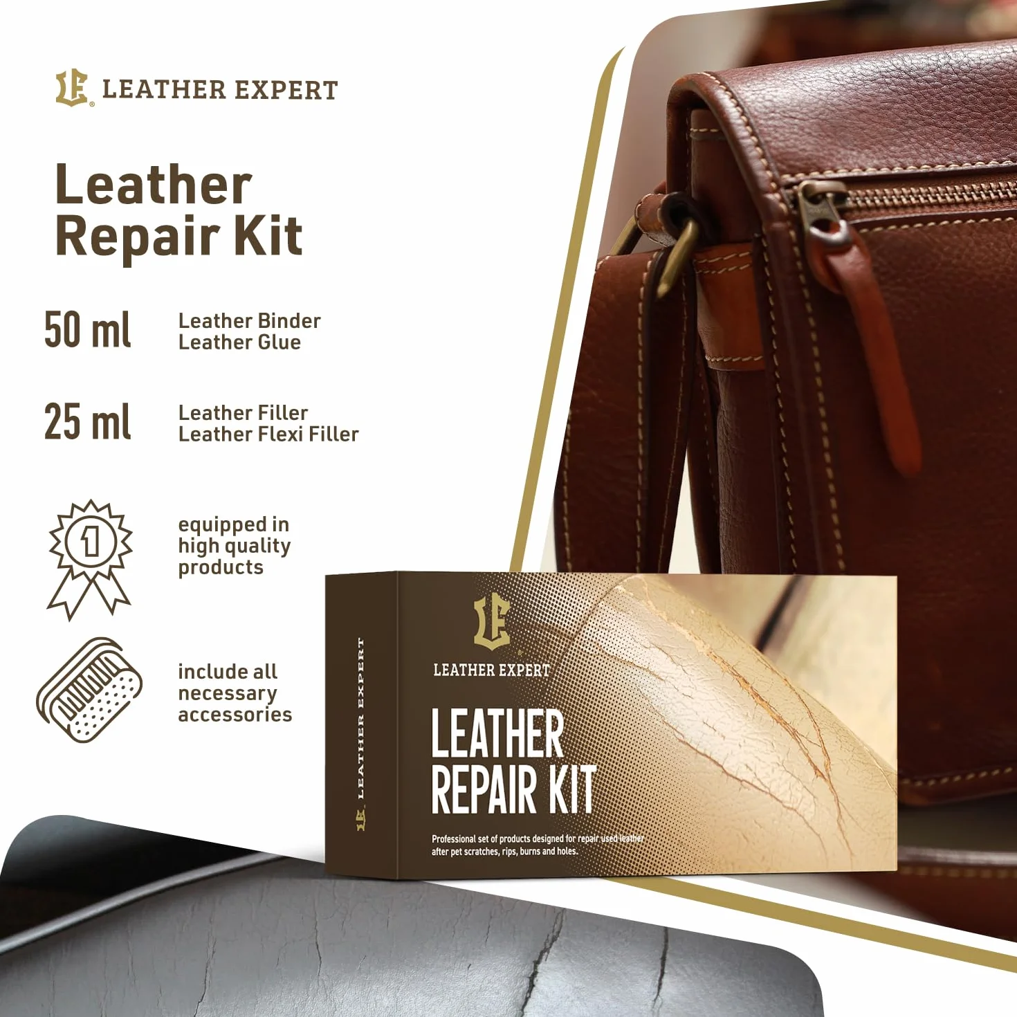 Leather Expert Leather Care Set "Repair Kit" - 2x25ml + 2x50ml - Leather Cleaner Car Set - Leatherette Care - Car Leather Cleaning - Car Care Set