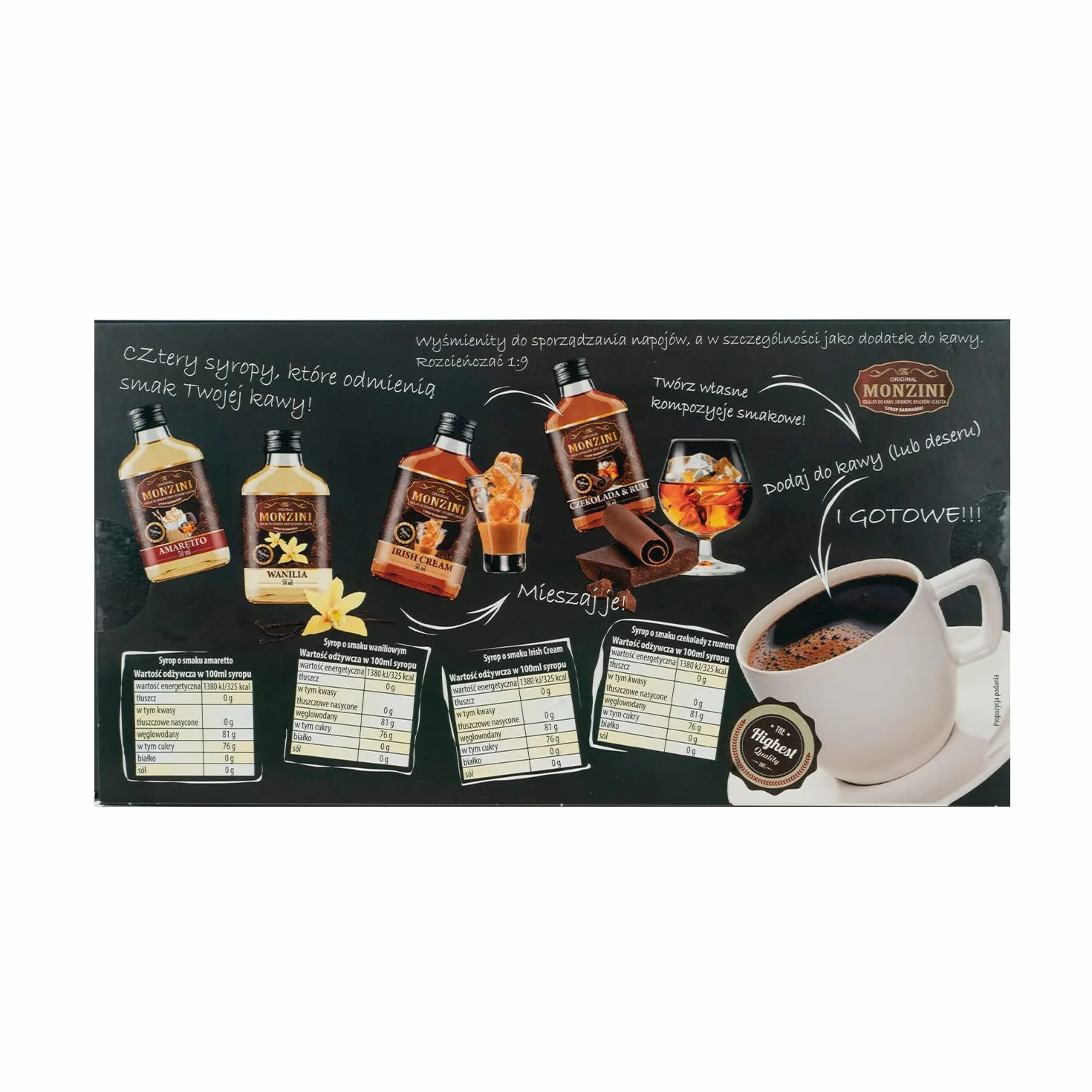 Zestaw syropów do kawy 4 x 50 ml: amaretto, czekolada z rumem, irish cream, wanilia