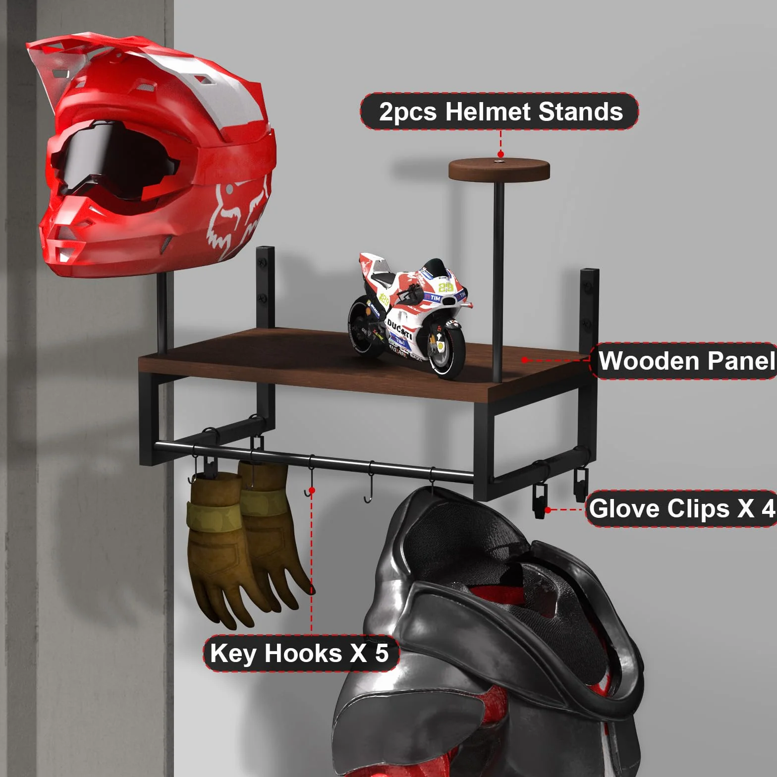 Uchwyt ścienny kask motocyklowy, uchwyt ścienny w stylu retro, organizer ekspozycyjny z akcesoriami motocyklowymi z 2 stojaki na kask taktyczny, do piłki nożnej i sprzętu rowerowego