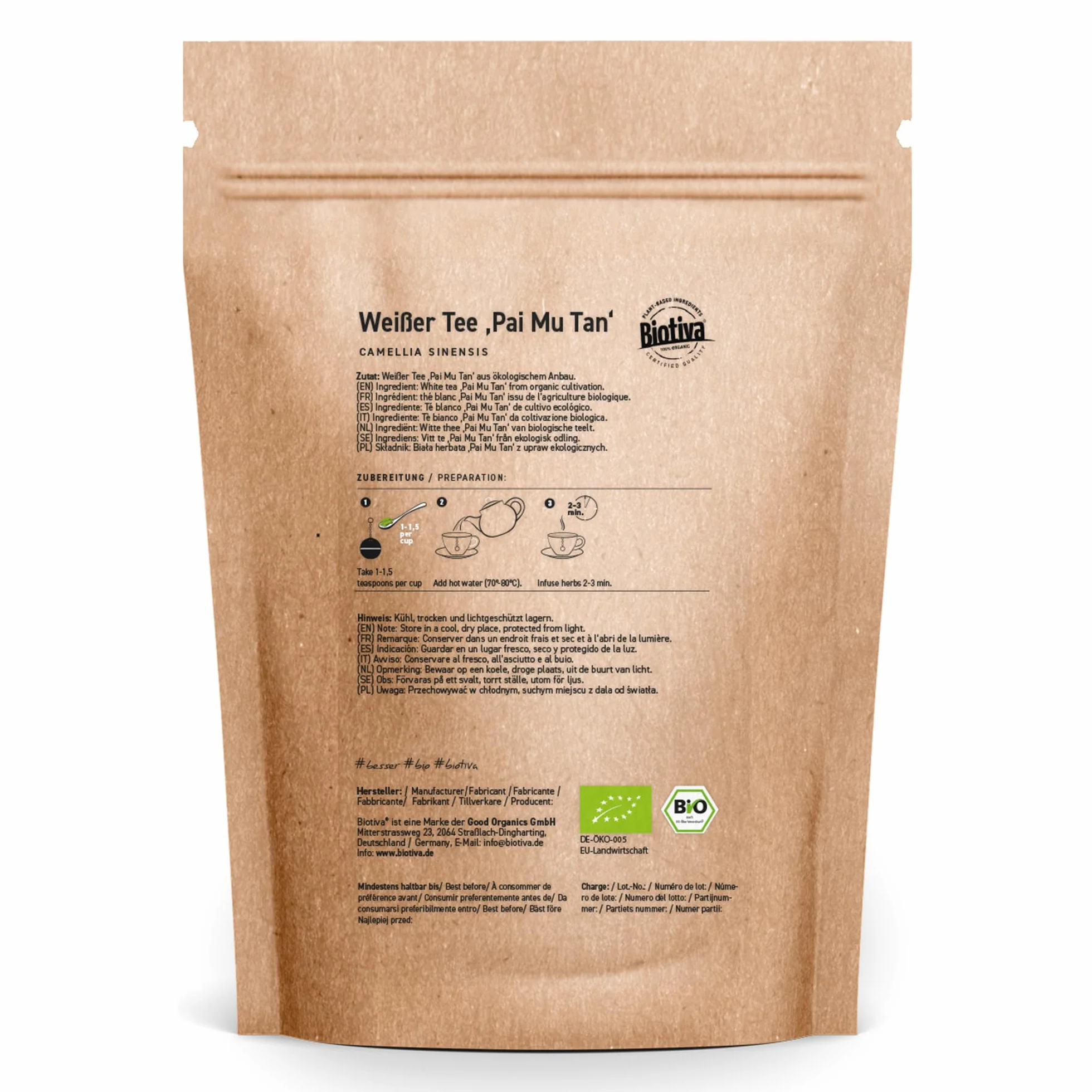 Biotiva Biała herbata Pai Mu Tan Organic 100 g certyfikat Fairbiotea
