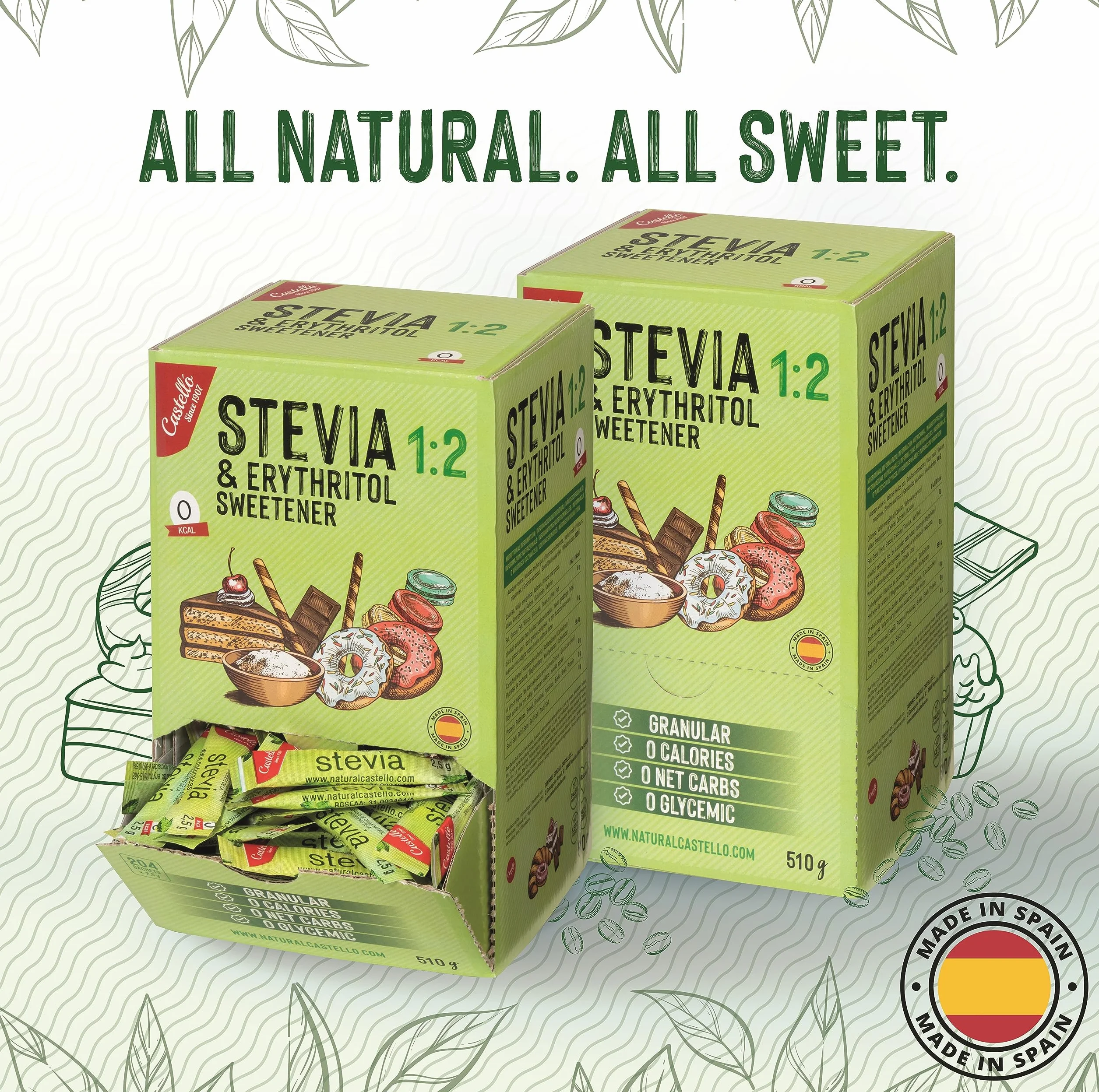 Castello Słodzik Stevia Erytrytol 1:2 204 saszetki 2,5g 0 Kalorii Keto Paleo Bez GMO