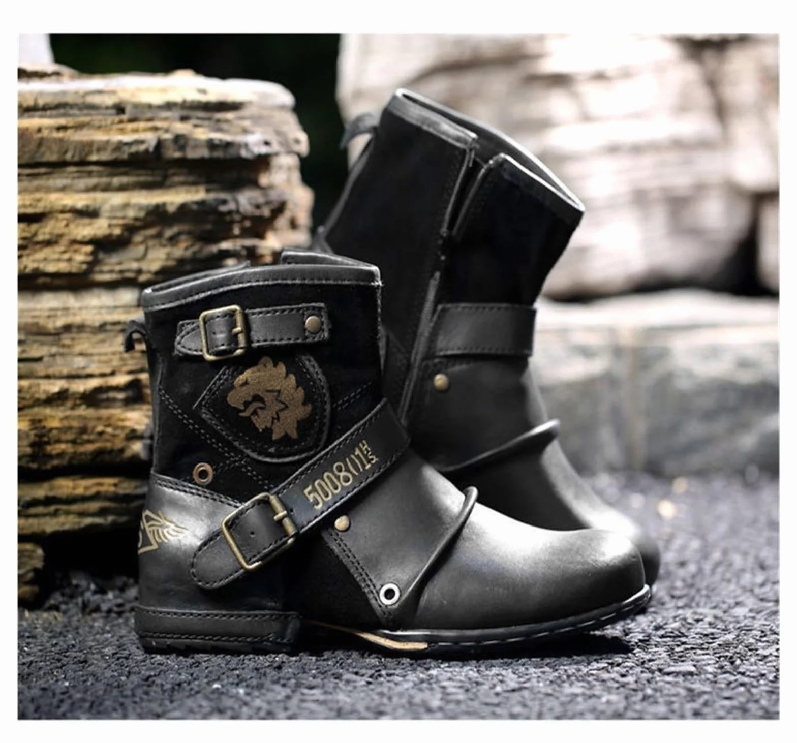 Buty Moto dla mężczyzn botki modne zapinane na zamek skórzane buty buty na co dzień wodoodporne buty motocyklowe zachodnie buty plus size (czarne, EU 43)