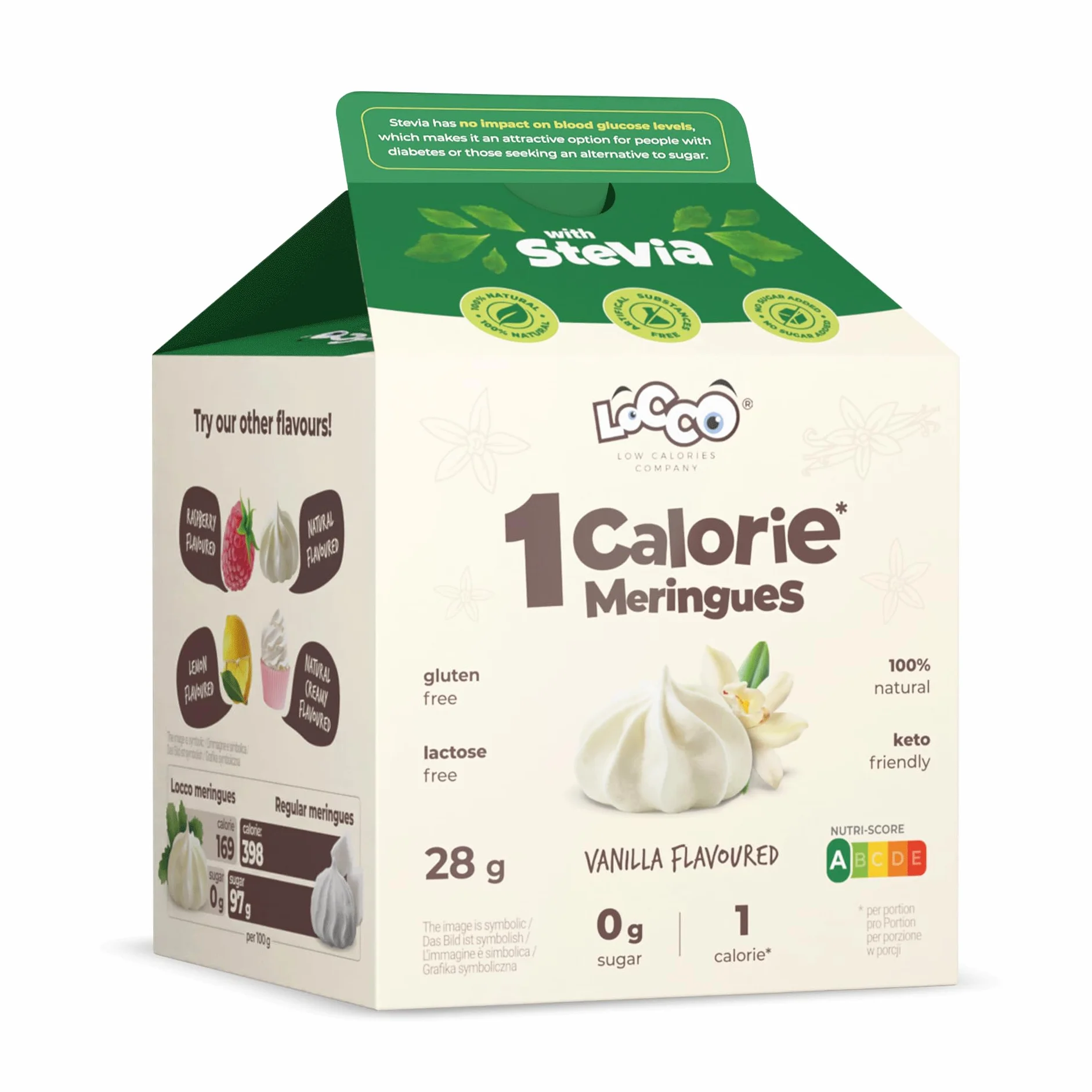 LoCCo Bezy Bez Cukru 1 kcal Wanilia - Niskokaloryczna Przekąska Keto ze Stewią, Low Carb, Wysoka Zawartość Błonnika i Białka, Odpowiednie dla Diabetyków