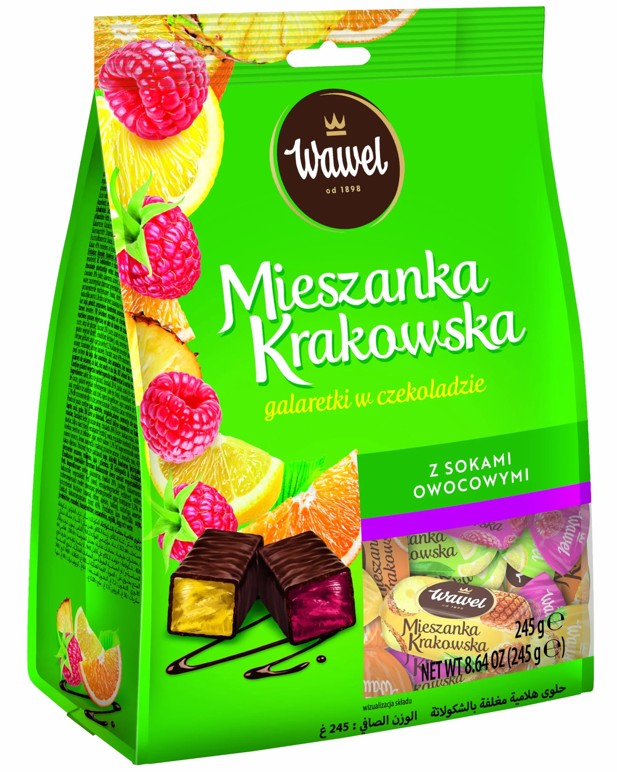 Wawel Galaretki w czekoladzie Mieszanka Krakowska cukierki z naturalnym sokiem owocowym 245g
