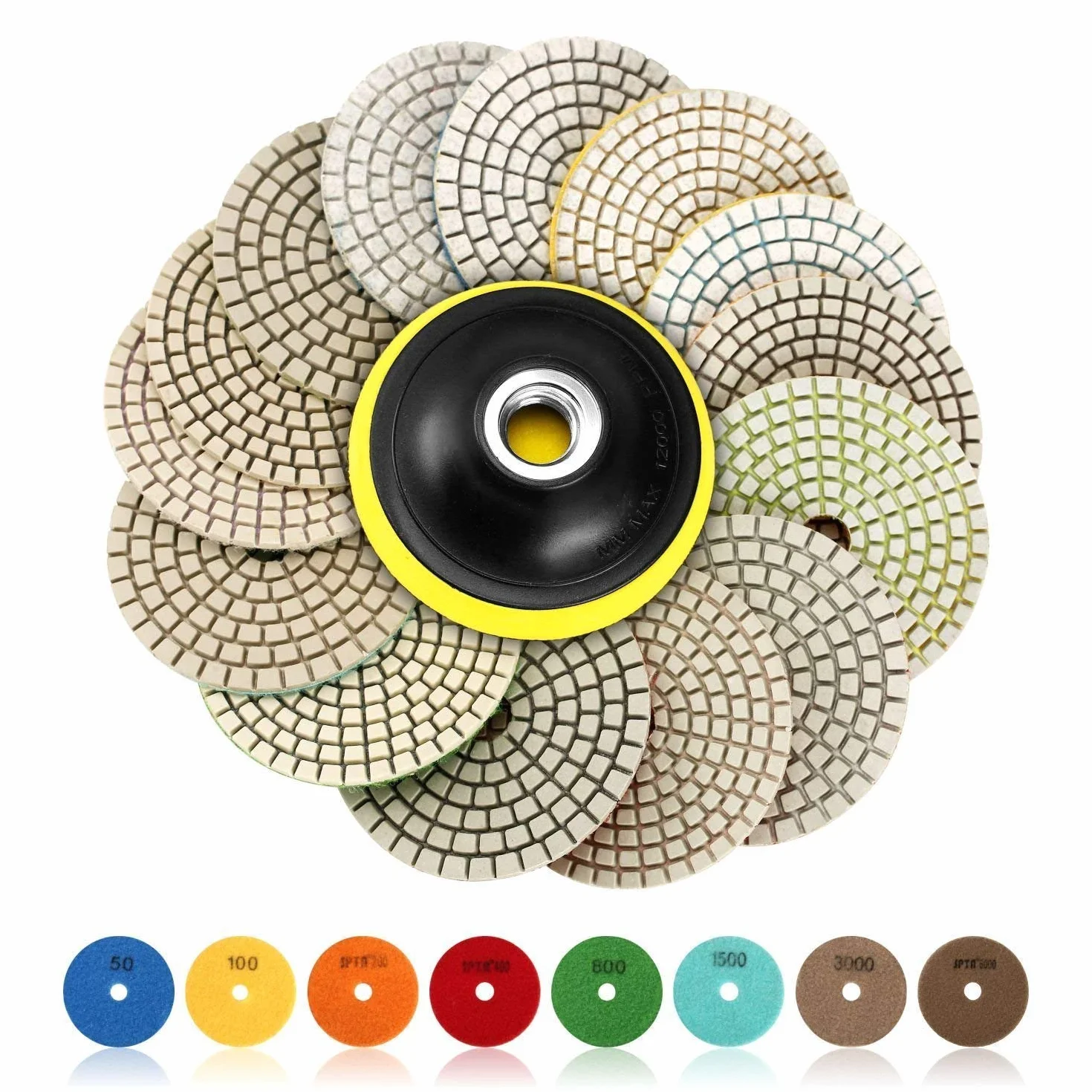 SPTA 15 szt. Zestaw diamentowych podkładek do polerowania na mokro, 4-calowe (10 cm) podkładki do granitu, betonu, marmuru, szlifierki podłogowej lub polerki, 50#-6000# z podkładką mocującą na rzep