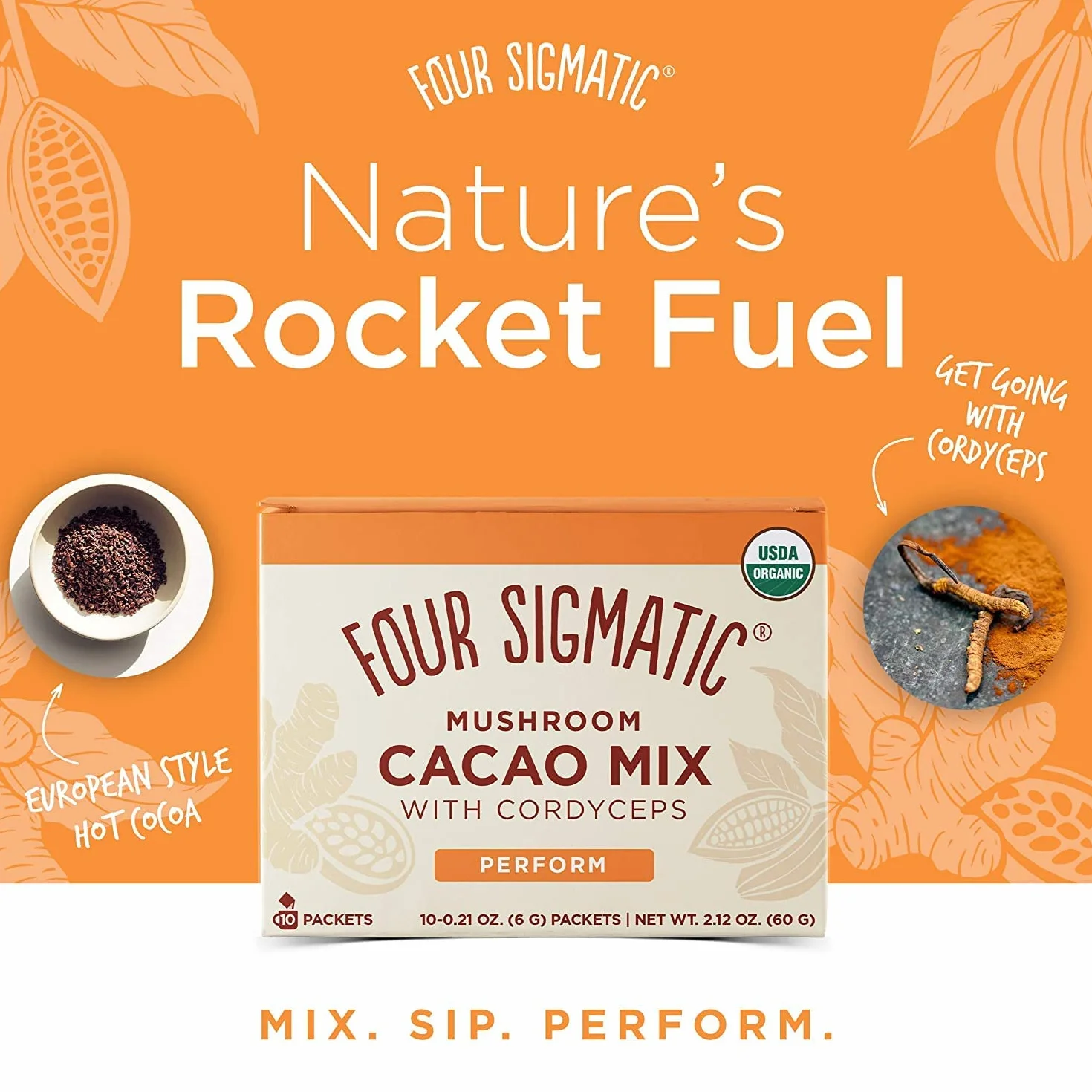 Mushroom Cacao Mix by Four Sigmatic, organiczny kacao instant with cordyceps, imbir i kokos, wspiera wydajność i energię, napój lub piecz z nim, wegański, bezglutenowy, bez dairy | 10 liczy