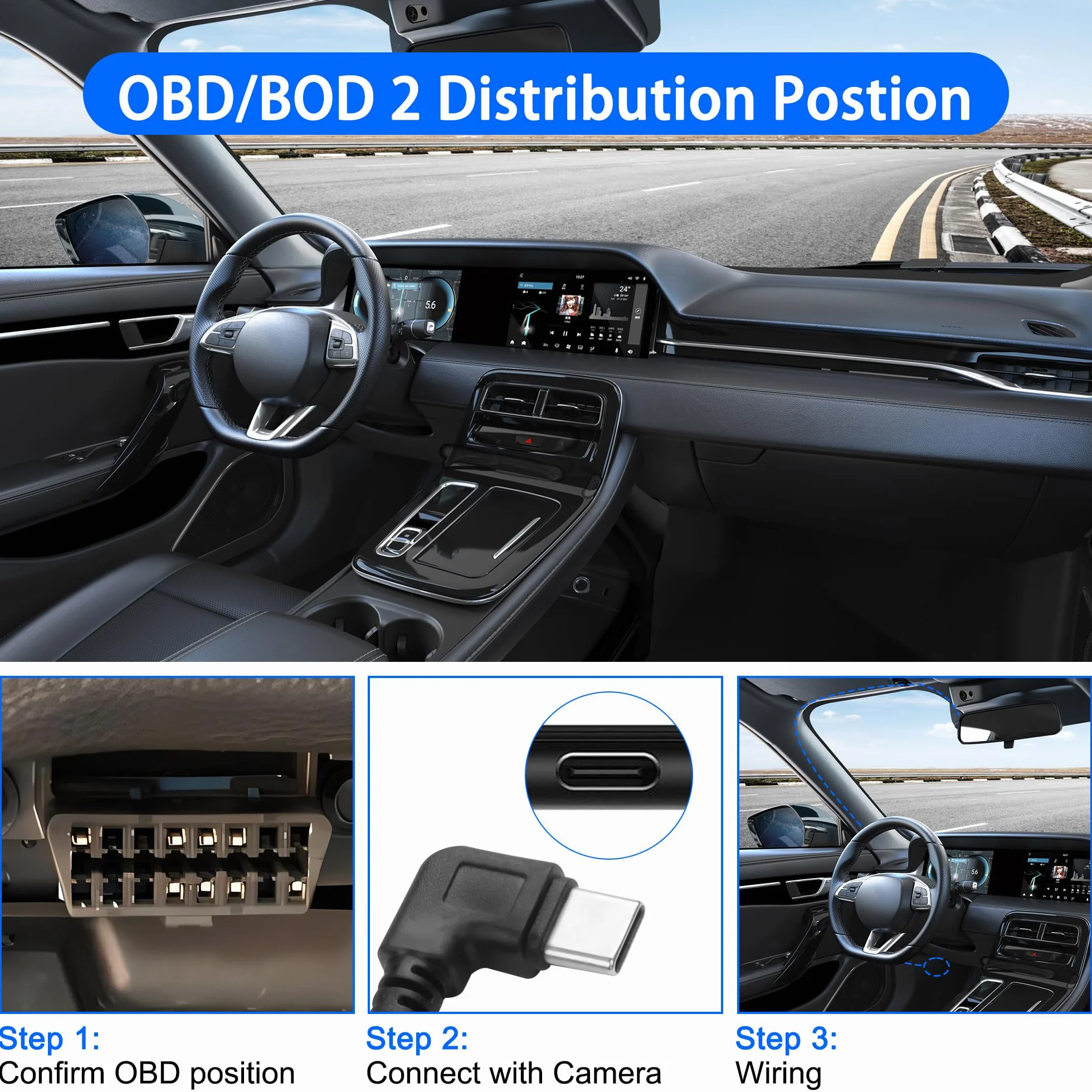 MEIRIYFA Kabel zasilający OBD OBD2 do kamery samochodowej, kabel do ładowania OBD2 na USB C, 24-godzinny nadzór, typ C, 16-pinowy, OBDII, zestaw Hardwire, kabel do ładowarki do kamery samochodowej GPS