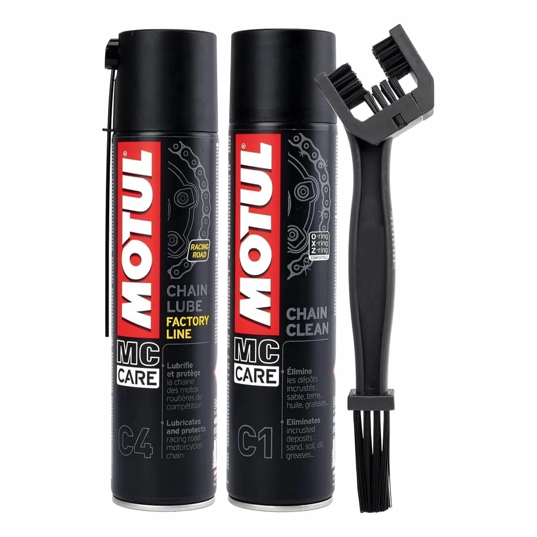 Motul C4 zestaw do czyszczenia łańcucha lubrykantu 400 ml + C1 400 ml + szczotka do czyszczenia łańcucha