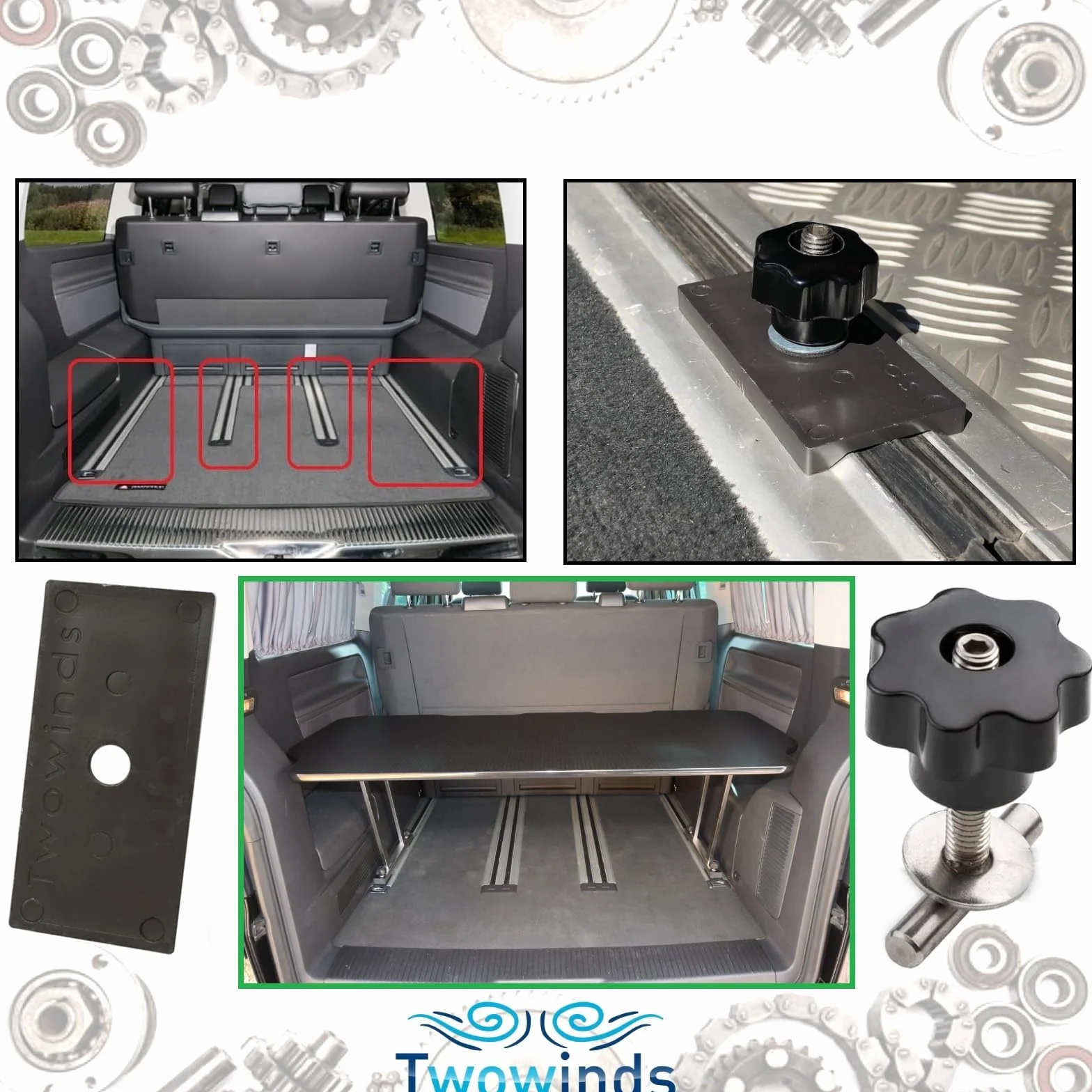 Twowinds - Zestaw szyna śrubowa z zabezpieczeniem ładunku + wsparcie prowadnicy Multiflexboard T5 T6 Transporter California (cztery zestawy)