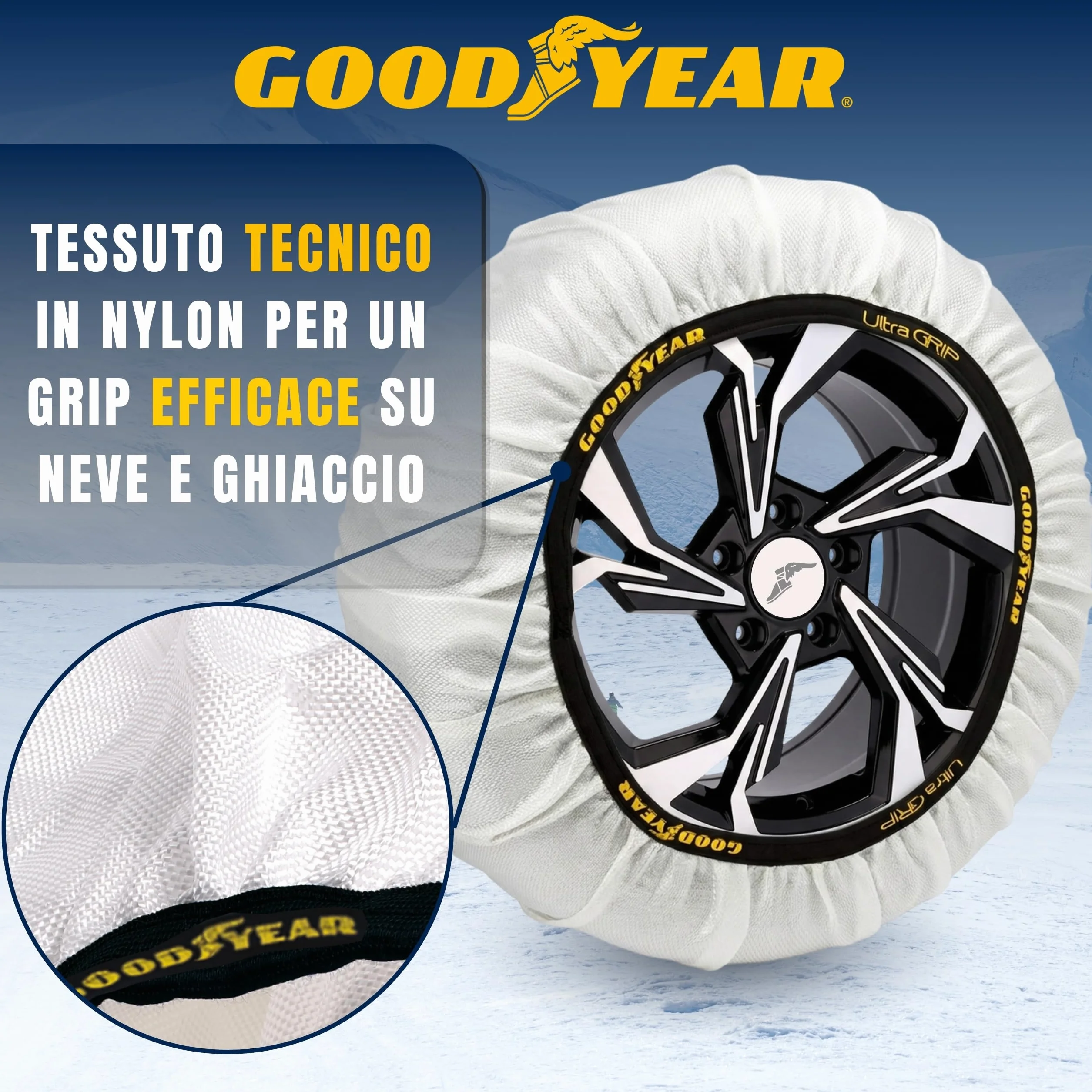 Goodyear Zestaw 2 łańcuchów śnieżnych z tkaniny samochodowej Ultra Grip rozmiar XL, specjalnie do obsługi pojazdu, tekstylia, biały