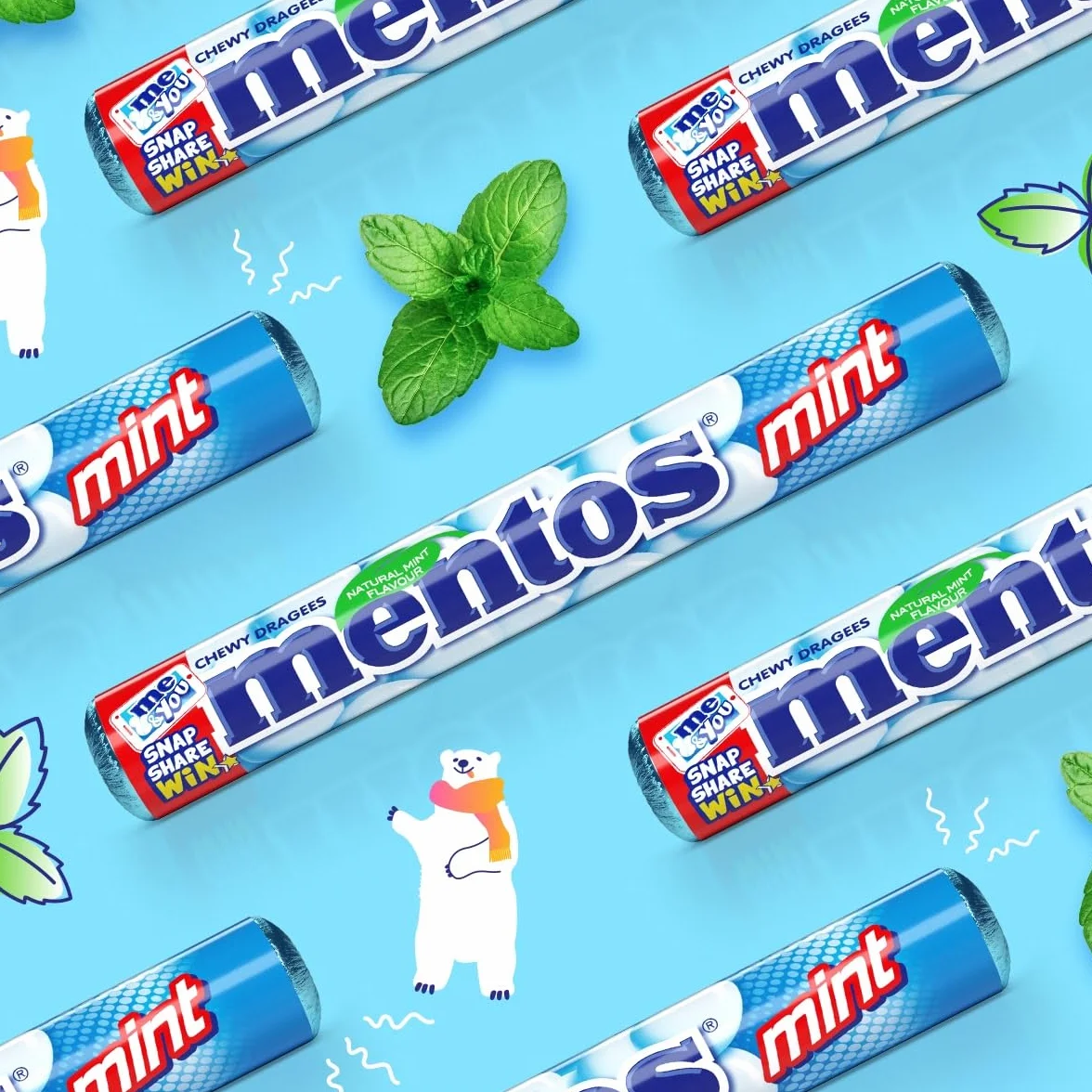 Mentos Miętowe cukierki do żucia, drażetki o smaku mięty pieprzowej dla świeżego oddechu, opakowanie zbiorcze, opakowanie na cukierki, wyświetlacz sprzedaży (40 rolek), wegańskie