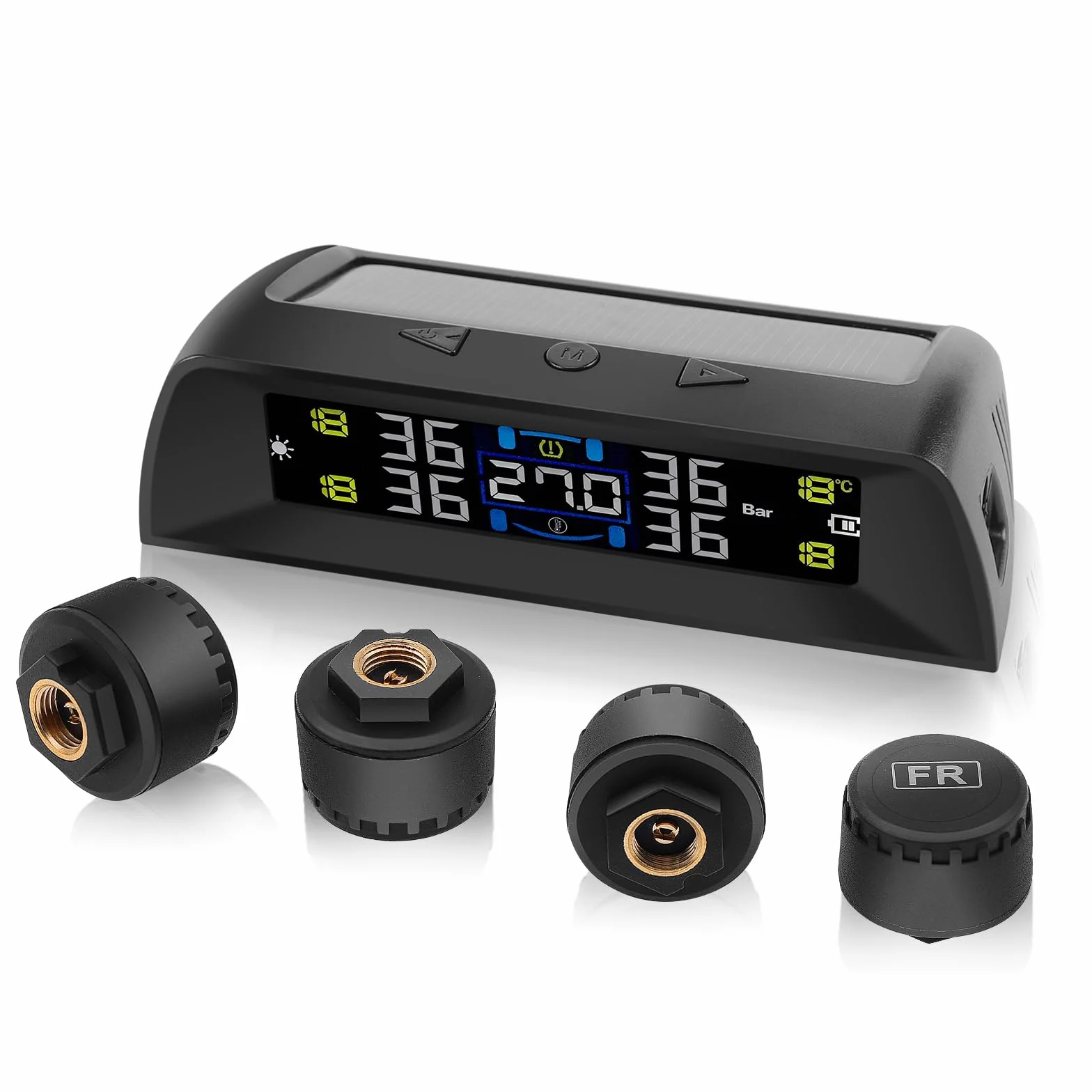 KAOLALI System monitorowania ciśnienia w oponach, TPMS z monitorowaniem temperatury w samochodzie, ładowarka solarna i USB, 4 zewnętrzne czujniki opon, automatyczne włączanie/wyłączanie, do kampera