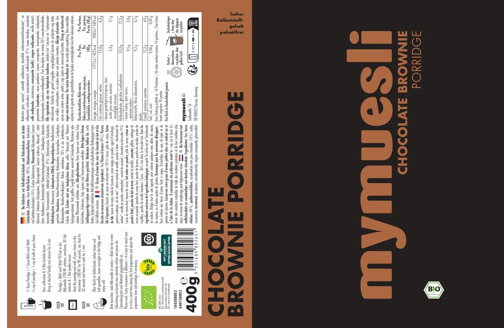 Mymuesli puszka owsianka 6 x 400 g z sernikiem jagodowym, Classic Pur, Wildberry Chia, Mak waniliowy, Choco Banana, Chrupiący cynamon jabłkowy