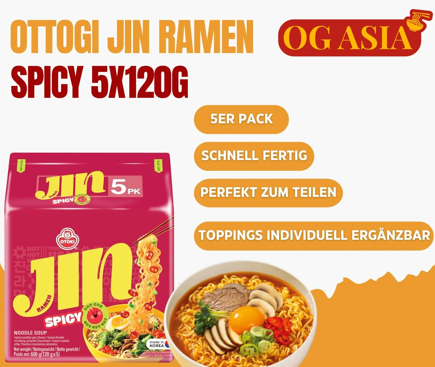 Ottogi Jin Ramen Spicy 5 szt. - makaron instant, ostry, autentyczny, koreański, 5 x 120 g, OG ASIA - 600 g